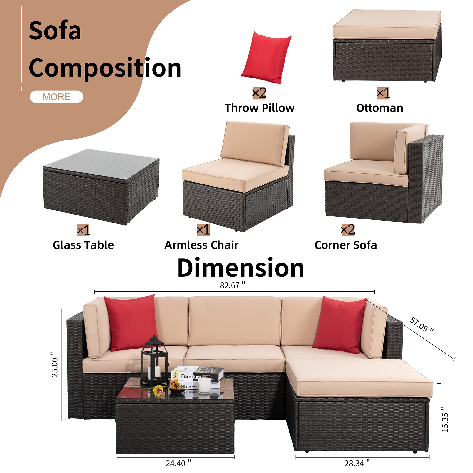 **Shintenchi 5-Piece All-Weather Outdoor Patio Furniture Set - PE Rattan Wicker Sectional Sofa with Glass Table, Ottoman, Cushions & Red Pillows - Perfect for Backyard, Garden, and Poolside Relaxation**
