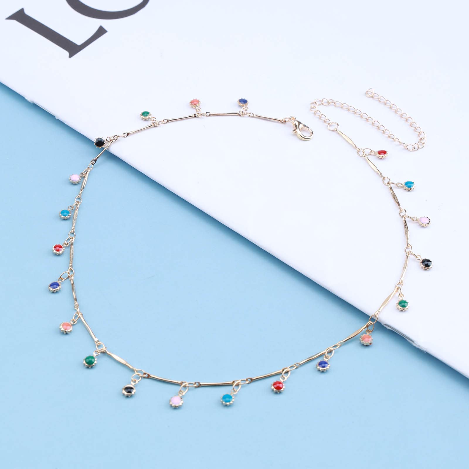 Boho Rainbow Crystal Choker Necklace for Women - Colorful CZ Gem Dangle Pendant with Beaded Chain - Perfect for Beach, Festival, and Boho Fashion Accessories