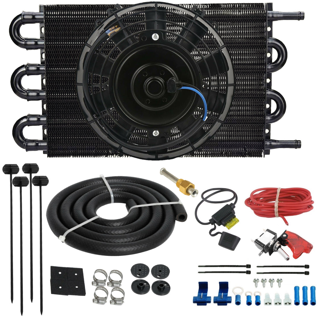 6 Row 3/8 Inch Transmission Oil Cooler with Electric Fan & Manual Toggle Switch Kit - Heavy Duty Cooling for Trucks, RVs & Off-Road Vehicles