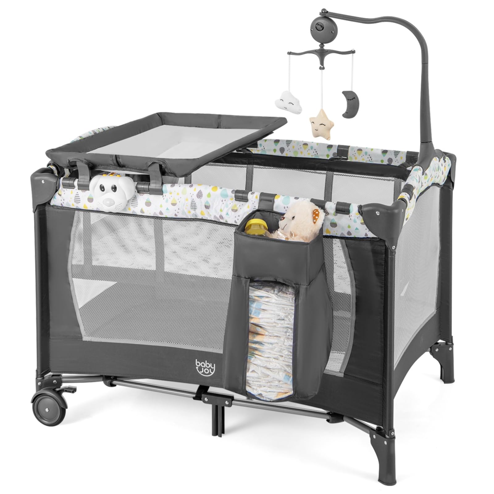 BABY JOY 3-in-1 Portable Playard with Bassinet & Changing Table - Foldable Travel Crib with Lockable Wheels & Soothing Music Box - Ideal for Newborn to Toddler - Perfect for Nursery, Travel & Daycare Use