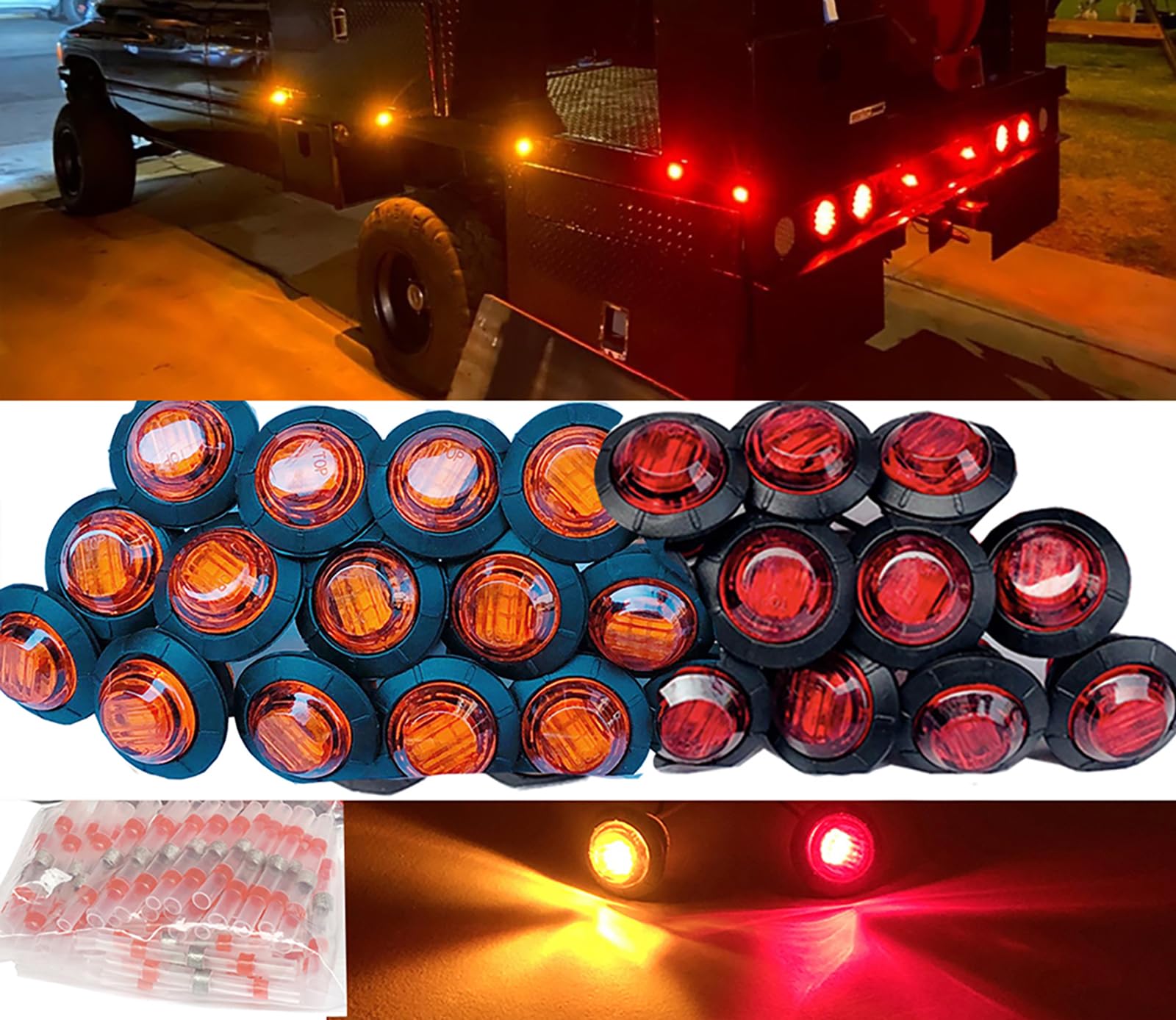 10PCS Amber + 10PCS Red LED Side Marker Lights - Small Round Clearance Lamps for Trucks & Trailers with Heat Shrink Butt Connectors - Perfect for Semi Trailers, Pickup Trucks, RVs and Commercial Vehicles
