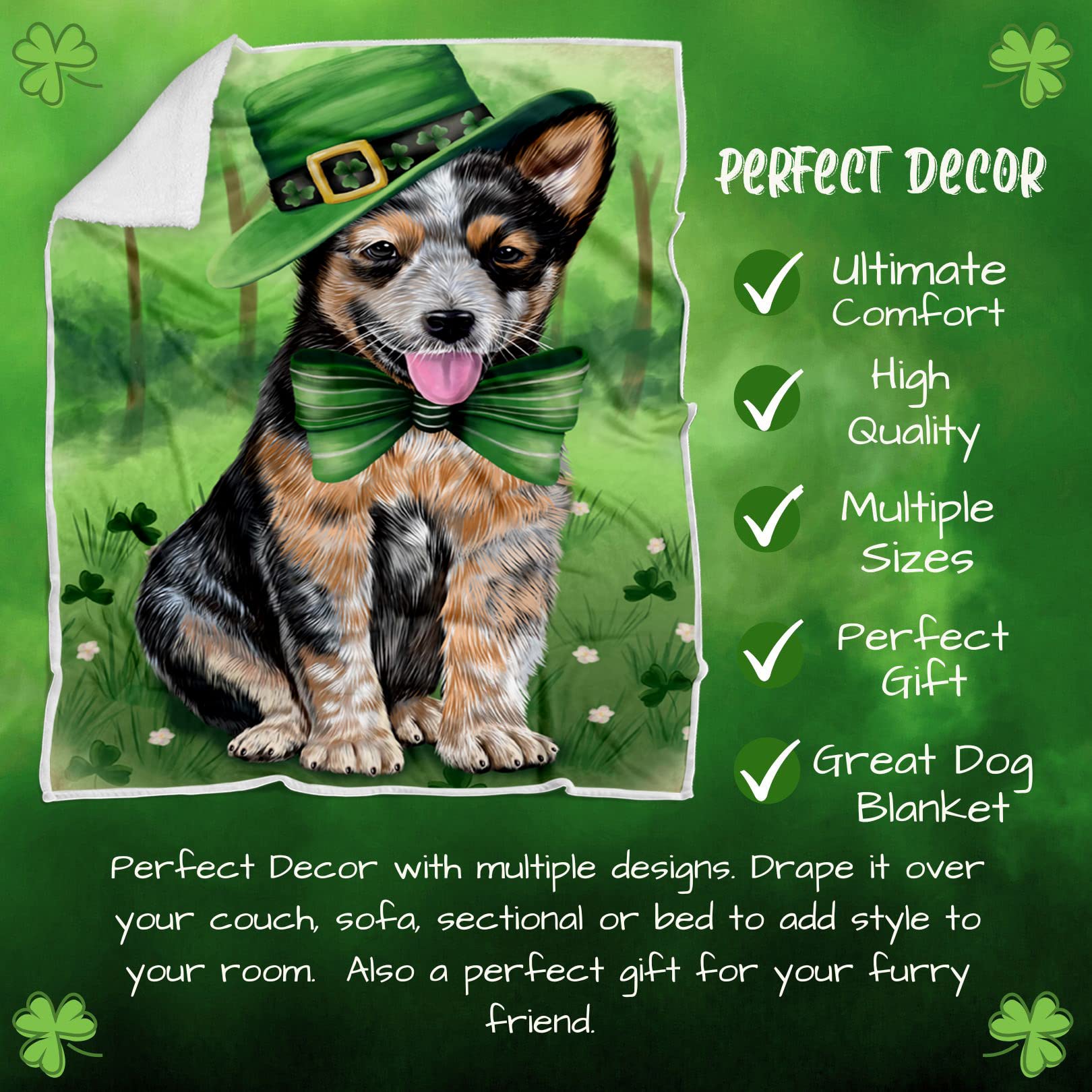 St. Patrick's Day Irish Australian Cattle Dog Blanket - Lightweight Soft Cozy Durable Woven Throw (50x60) for Sofa, Bed, Couch - Perfect for Home Decor, Pet Lovers & Seasonal Celebrations