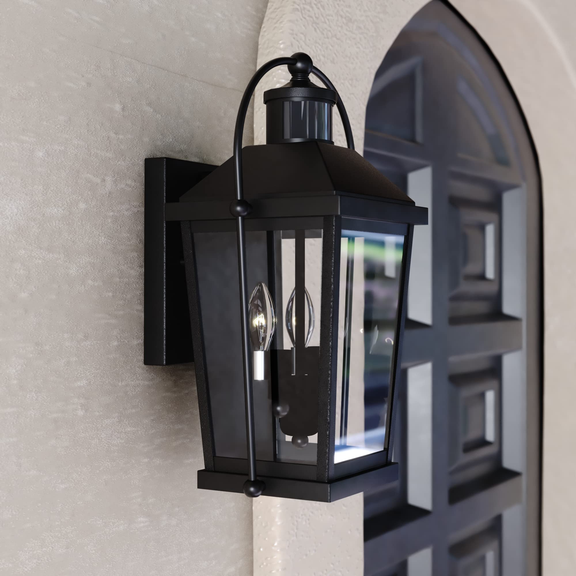 VAXCEL Lexington Black Aluminum Motion Sensor Outdoor Wall Light with Clear Glass - Dusk to Dawn Security Lighting for Porch, Garage & Entryway