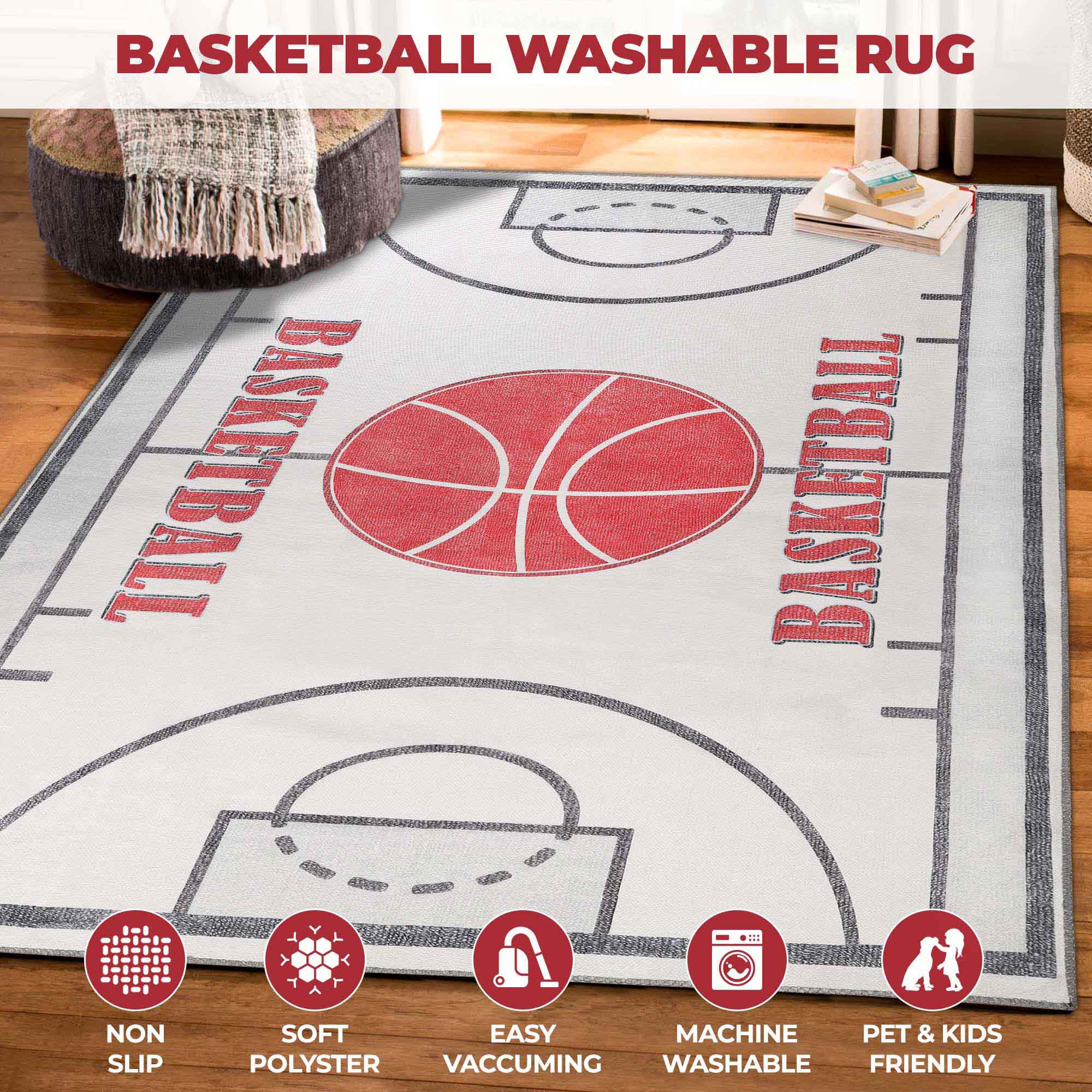 Non-Slip Kids Washable Indoor Basketball Court Playroom Area Rug - Perfect for Playrooms, Bedrooms & Game Rooms
