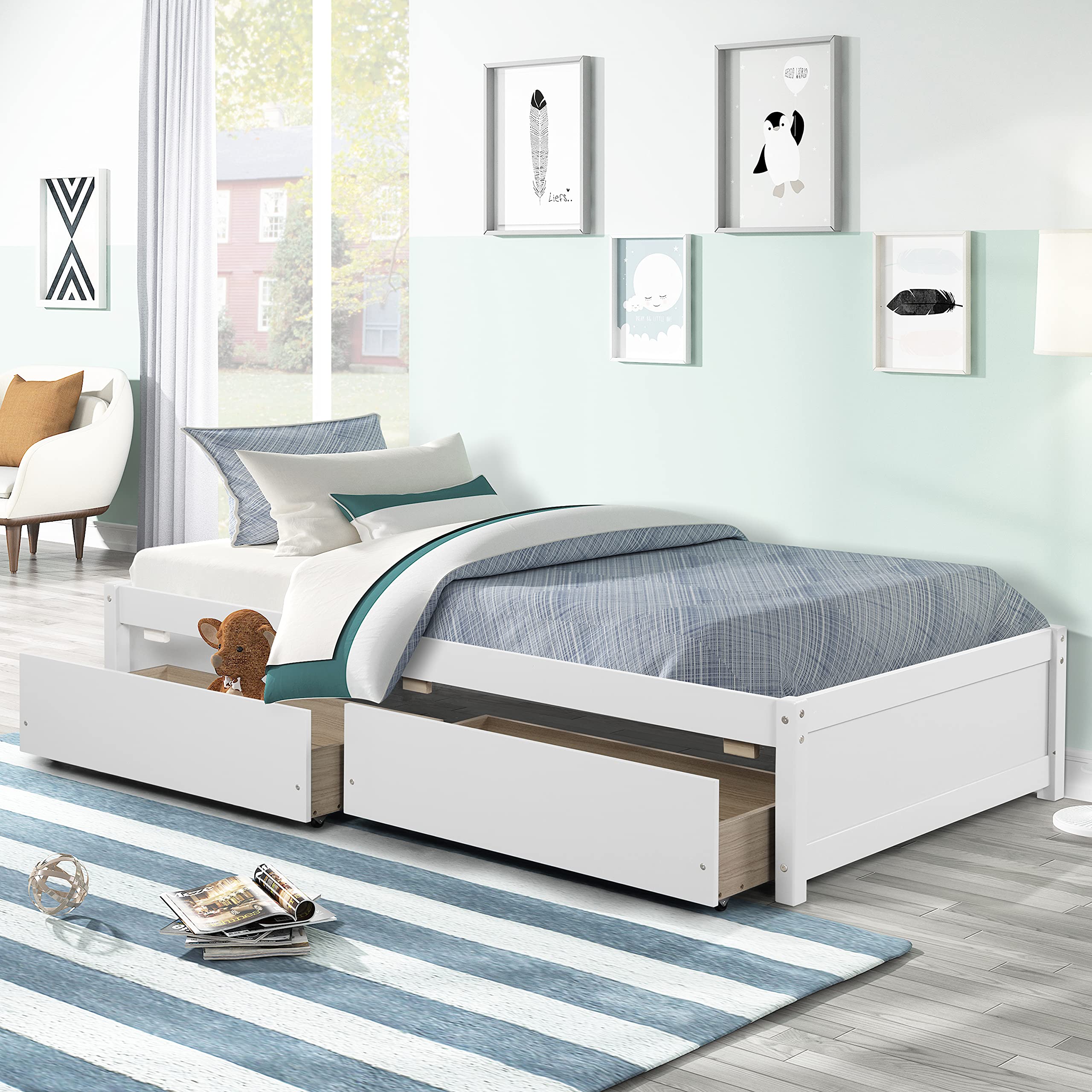 Wooden Twin Platform Bed Frame with 2 Storage Drawers - No Box Spring Needed, Easy Assembly for Kids, Teens & Adults (White) | Perfect for Small Bedrooms, Guest Rooms & Kids' Rooms
