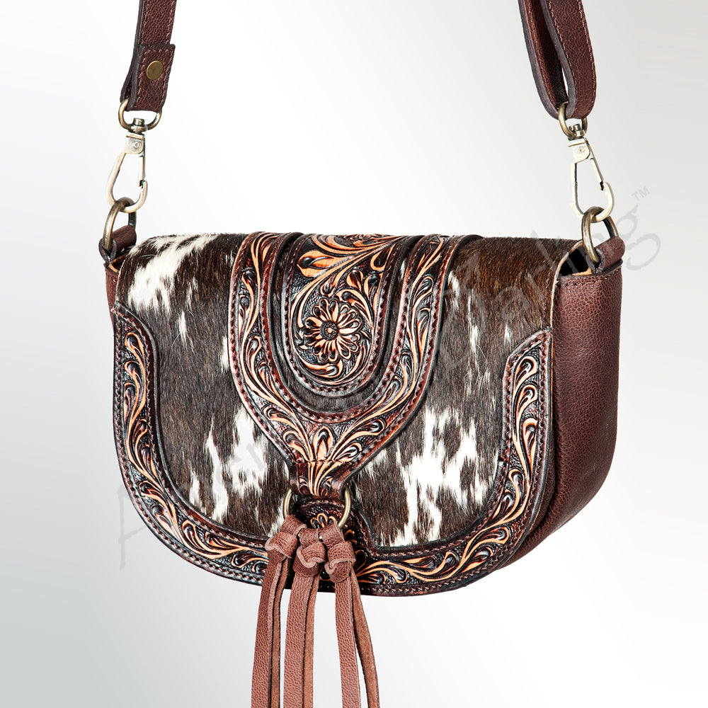 **Genuine Leather Women's Western Handbag - American Darling Hand-Tooled Hair-On Cowhide Purse for Casual & Country Outings**