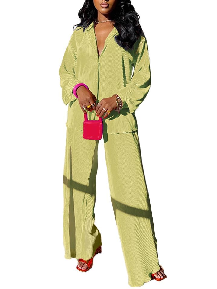 Women's 2-Piece Outfits - Summer & Spring Long Sleeve Button Down Top with Wide Leg Pants Set | Casual Workwear, Office Attire & Weekend Outfits