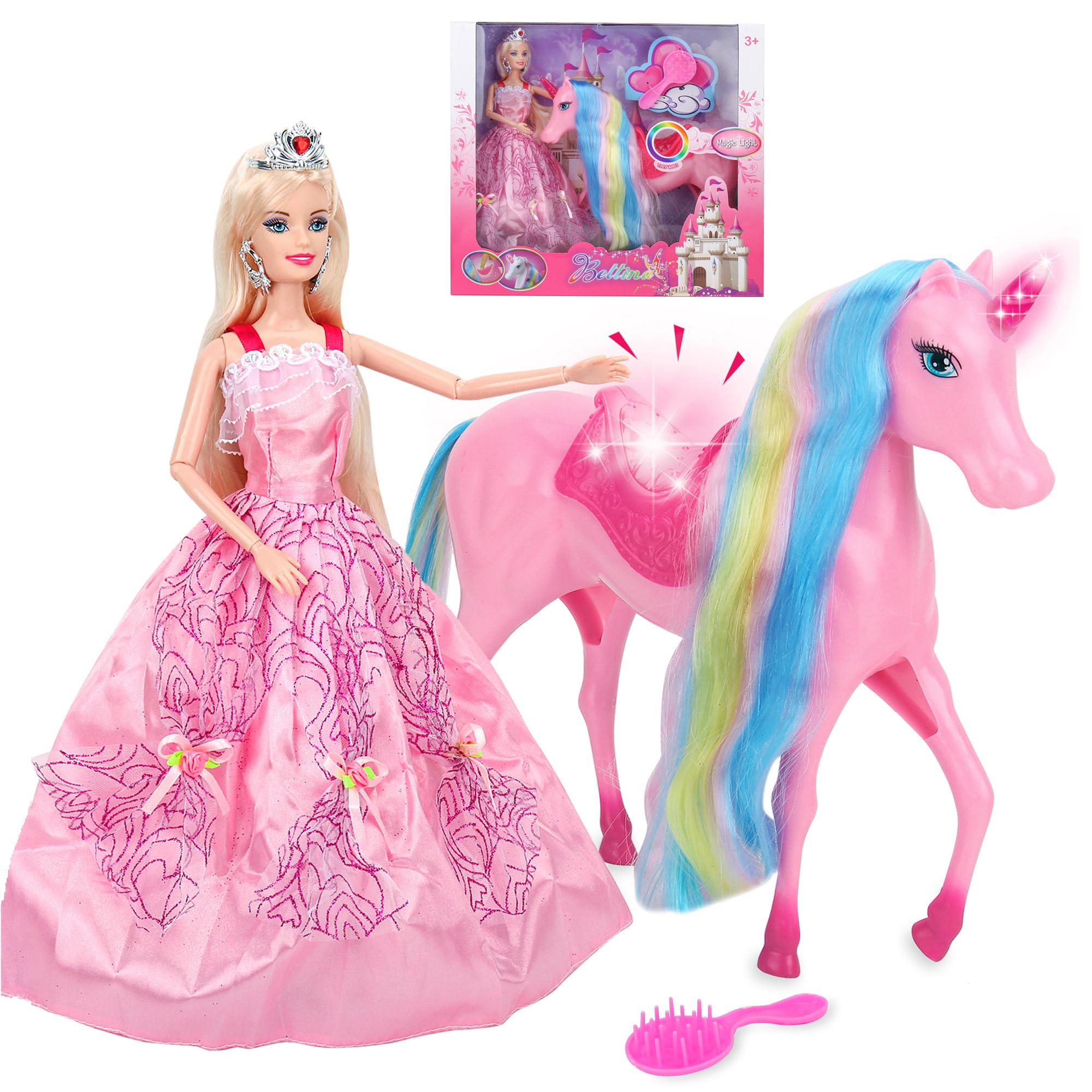 BETTINA Magical Light Unicorn Princess Dolls Set - Glowing Unicorn Toys for Girls with Flowing Mane & Tail | Perfect Princess Gift for Birthday, Christmas & Playtime | Ideal for Bedroom Decor, Fantasy Play & Collectors