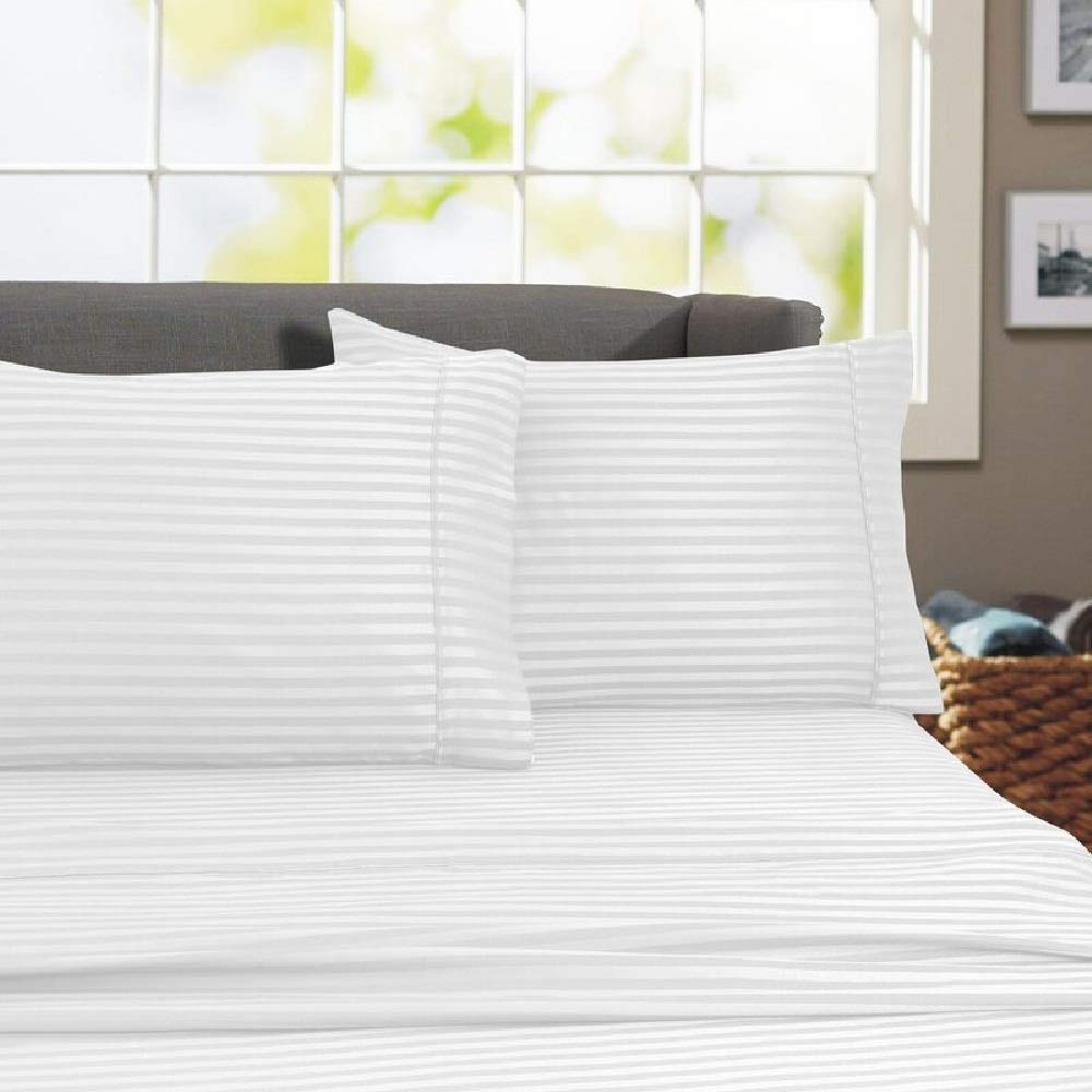 Luxury 600 Thread Count Egyptian Cotton King Size Sheet Set - 4 Piece Striped White Bedding, Ultra Soft Deep Pocket Fitted Sheets, Breathable & Cooling for Comfortable Sleep - Perfect for Master Bedroom, Guest Room, and Hotel Decor
