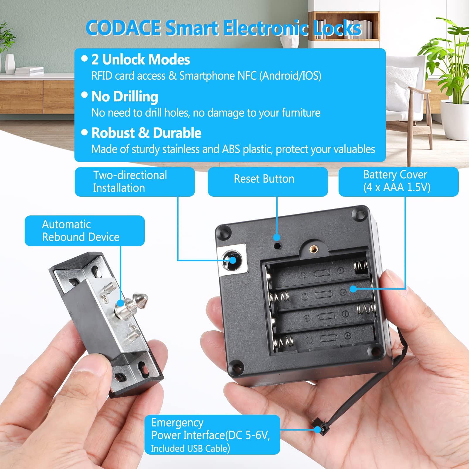 CODACE RFID Cabinet Lock - Smart NFC Electronic Lock for Wooden Cabinet, Cupboard, Pantry & Drawer (2 Pack) | Secure Storage Solution for Home & Office