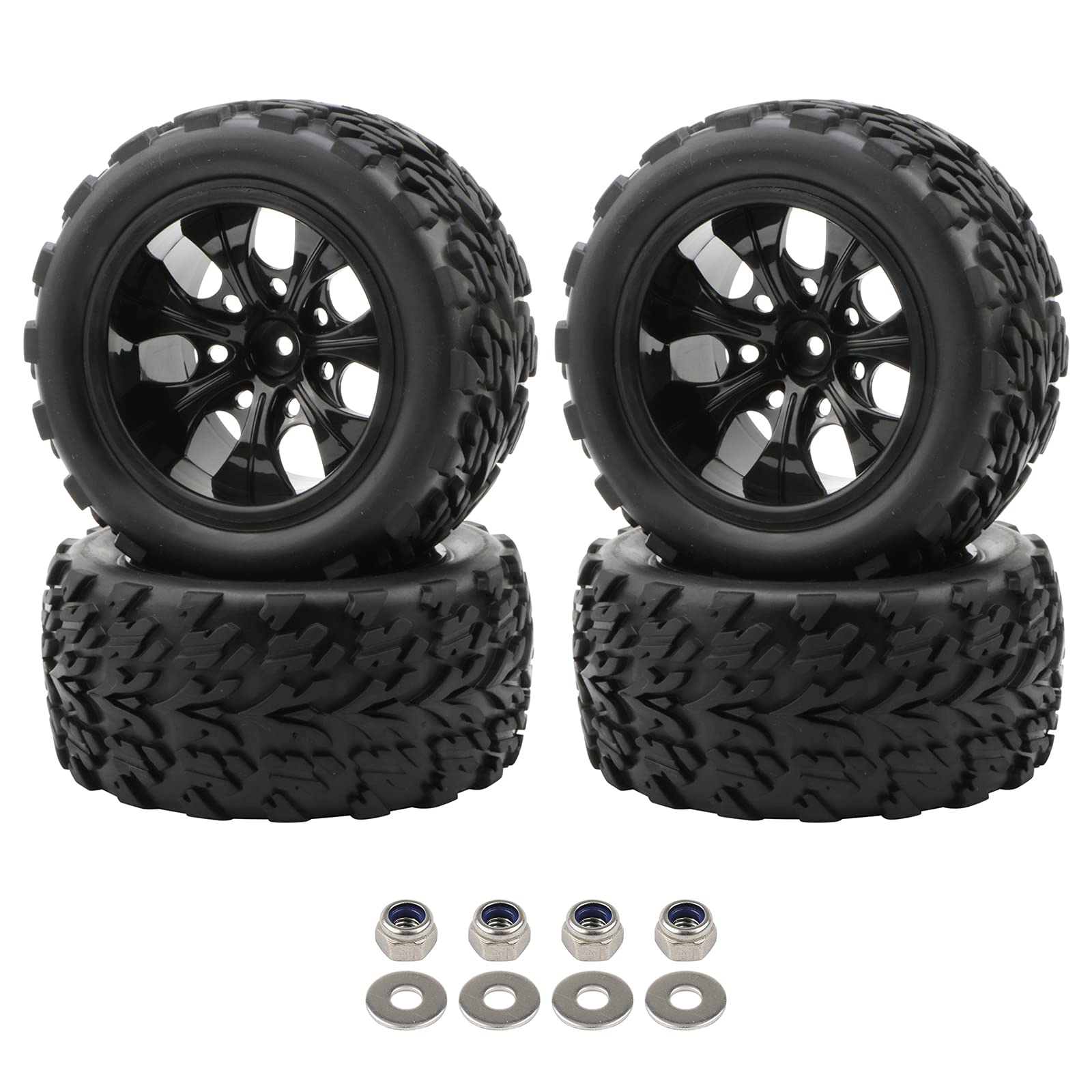 4X 1:10 Scale RC Monster Truck Wheels - Heavy Duty Rubber Tires with 7 Spoke Alloy Rims (Black) - Replacement Parts for Off-Road RC Cars - Perfect for Racing, Crawling & Bashing on Rough Terrain