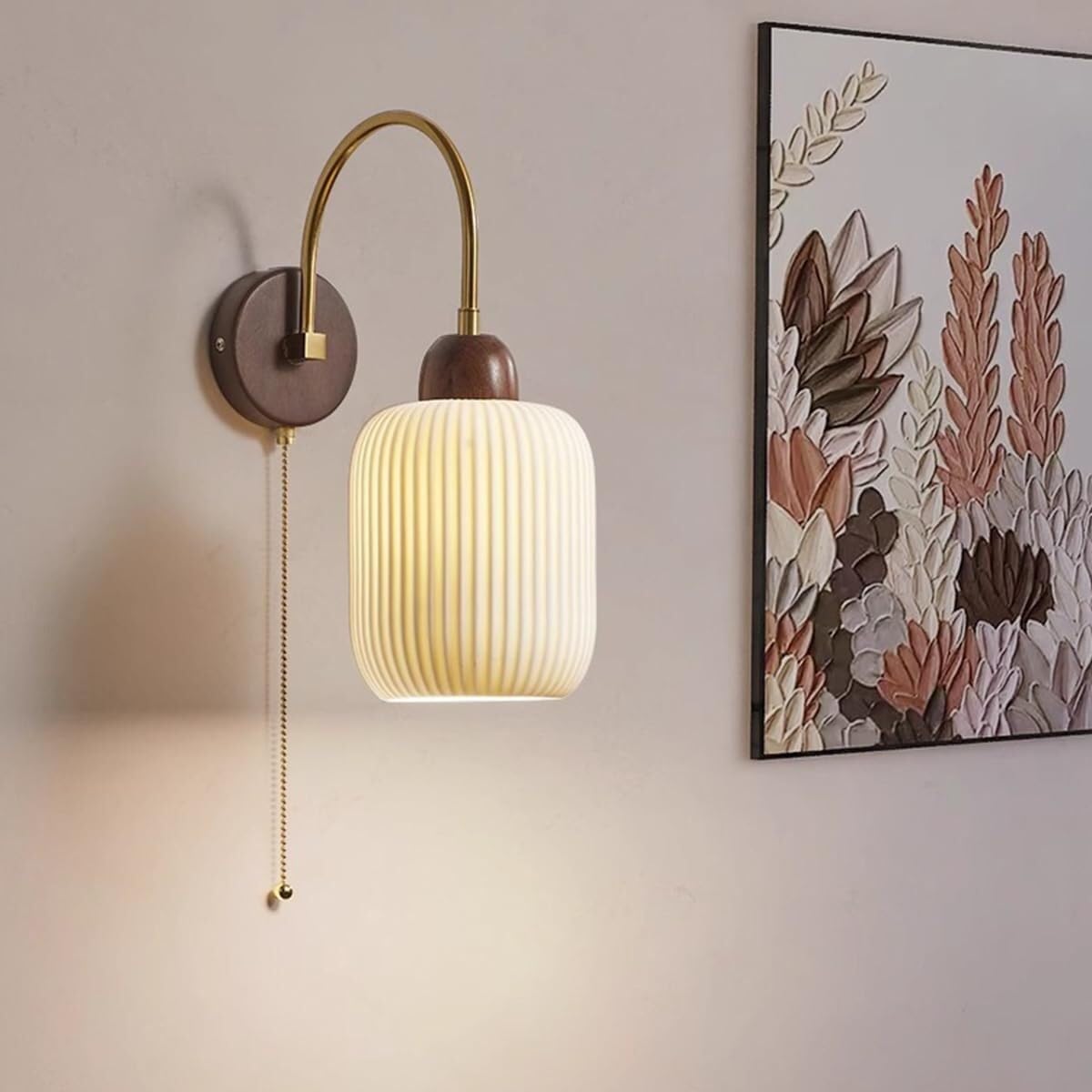 Farmhouse Ceramic Wall Sconce with Wooden Base & Pull Cord Switch - E27 Base Wall Mounted Reading Light for Living Room, Kitchen, Restaurant, Loft - Perfect for Cozy Corners & Ambient Lighting