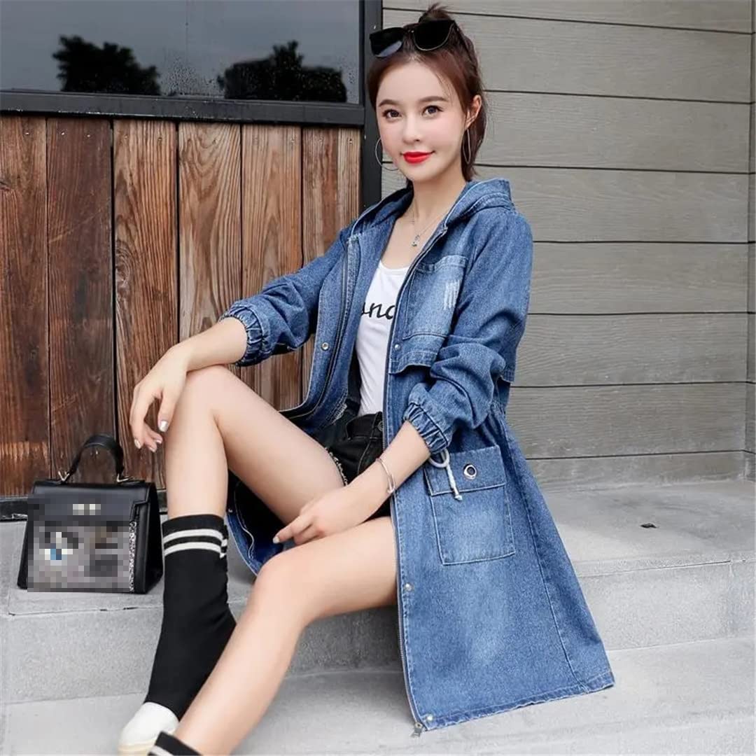 Women's Casual Denim Jacket - Loose Fit Drawstring Jean Coat for Spring & Fall | Perfect for Outdoor Activities, Streetwear & Everyday Fashion