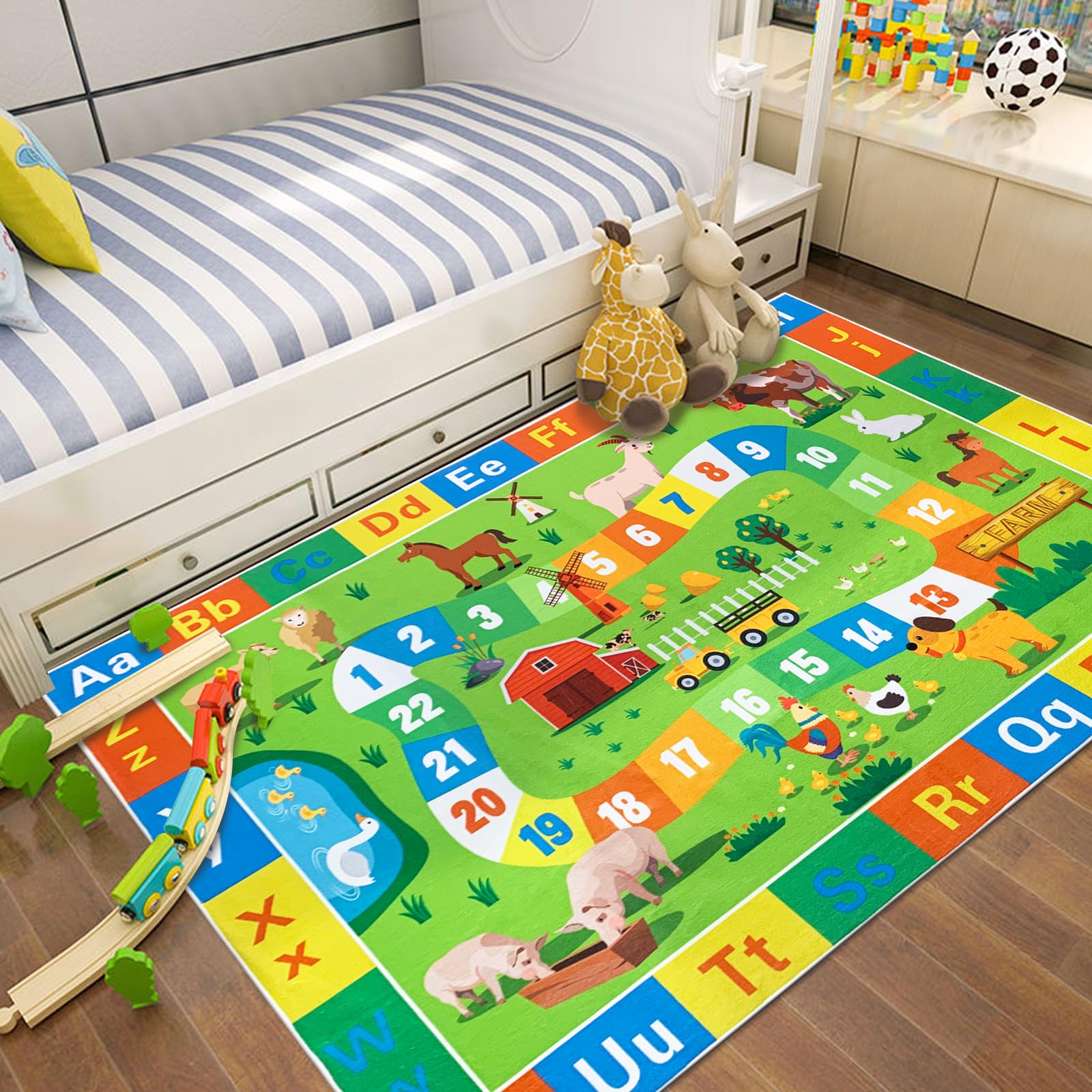 Lacomfy ABC Kids Rug 4x6Ft - Large Farm Animal Educational Play Mat for Boys & Girls | Non-Slip Washable Classroom Rug | Alphabet Number Learning Carpet for Bedroom, Nursery & Playroom