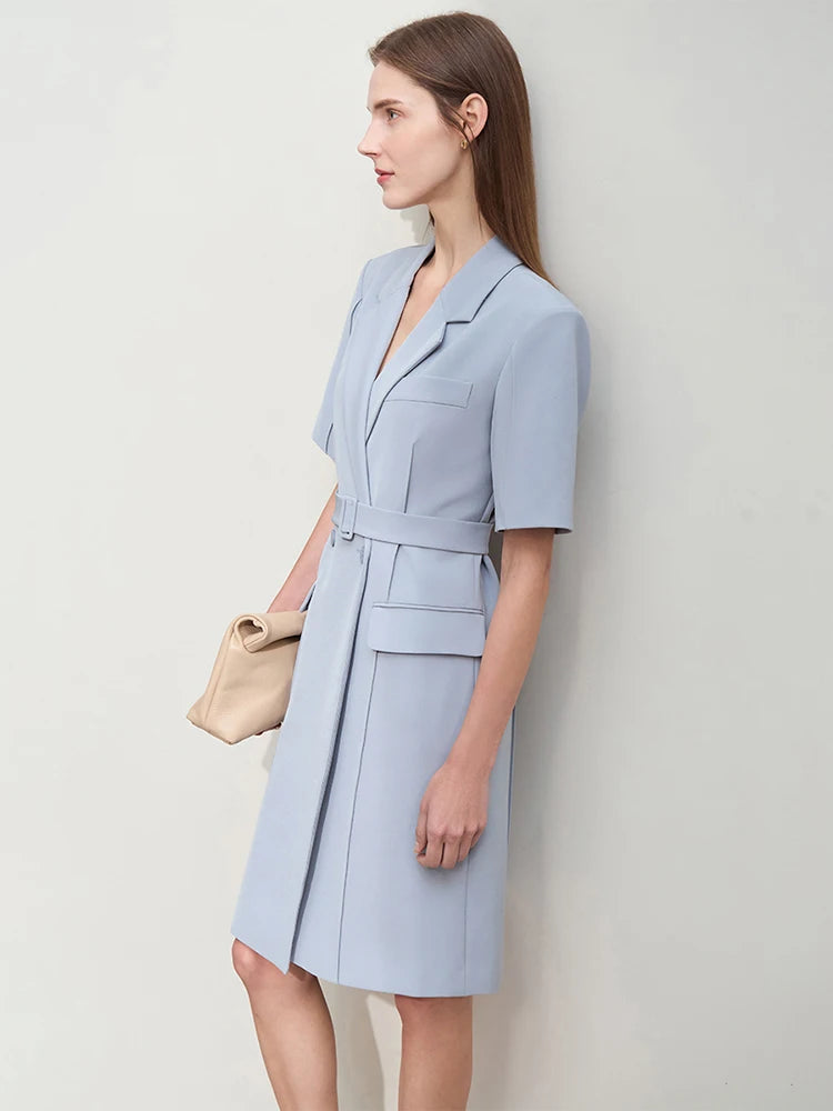 Elegant Minimalist Blazer Dress for Women - Spring New Turn Down Collar Belted Short Sleeve Pleated Dress | Office Wear, Cocktail Party, Business Casual Outfit