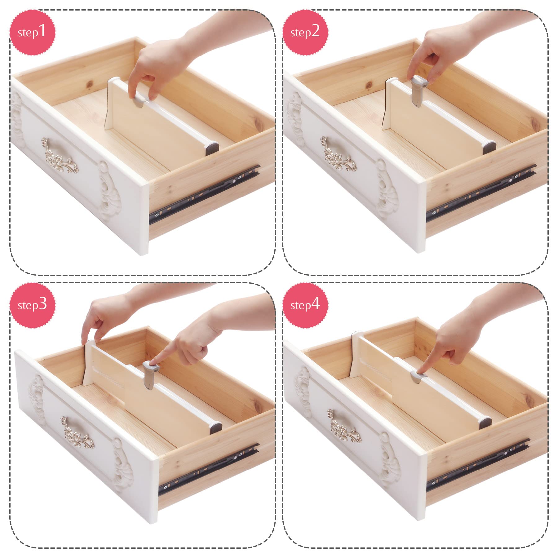 DIOMMELL 4 Pack Adjustable Drawer Dividers Organizers - Expandable Plastic Drawer Organizer for Kitchen Utensils, Bedroom Socks, Closet Accessories, Bathroom Essentials & Office Supplies - Space Saving Storage Solution
