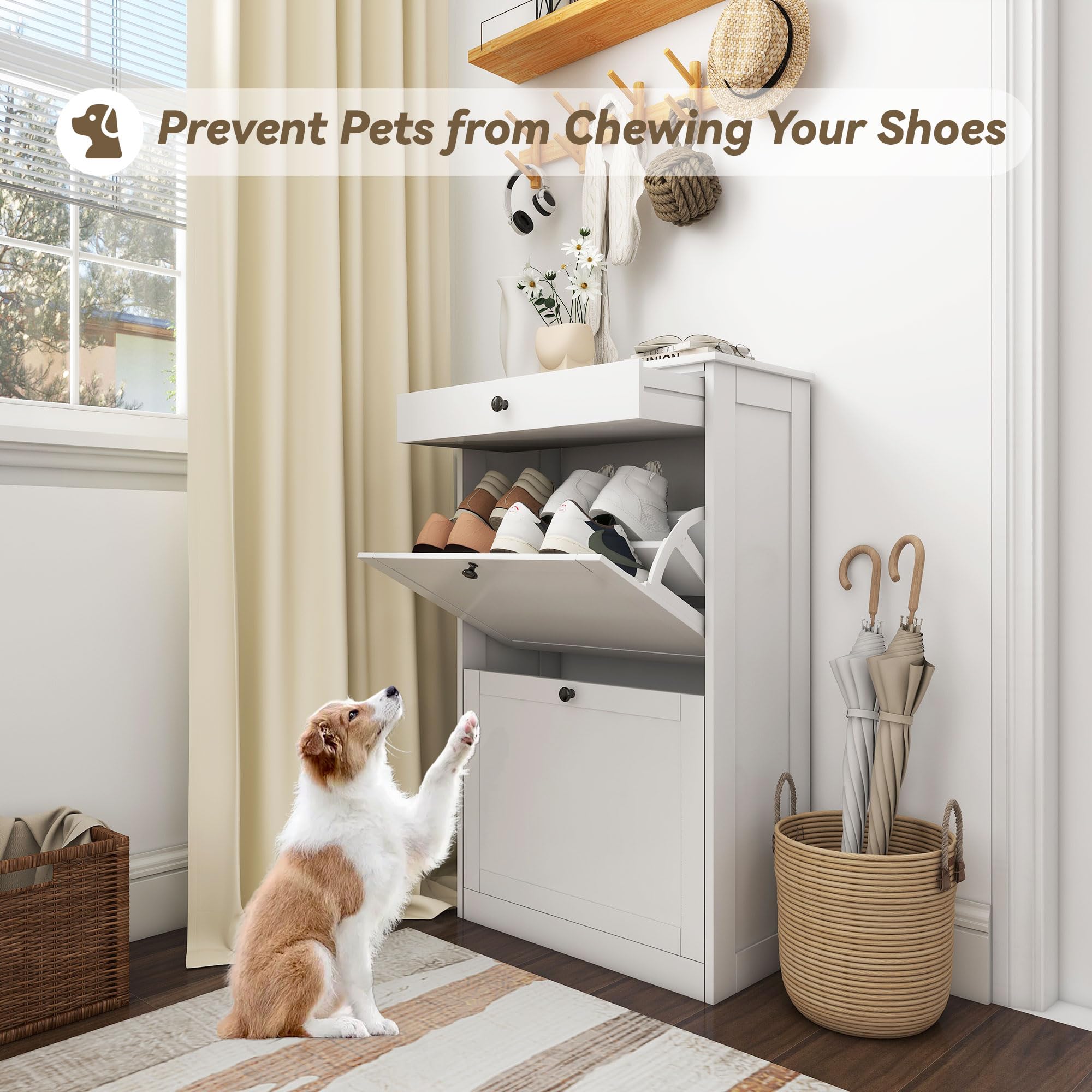 2-Tier Flip-Drawer Shoe Cabinet - Slim Freestanding Hidden Shoe Organizer with Storage Drawers - Pet-Proof Entryway Shoe Storage for Living Room, Hallway & Behind Door - White - Perfect for Small Spaces & Apartment Organization