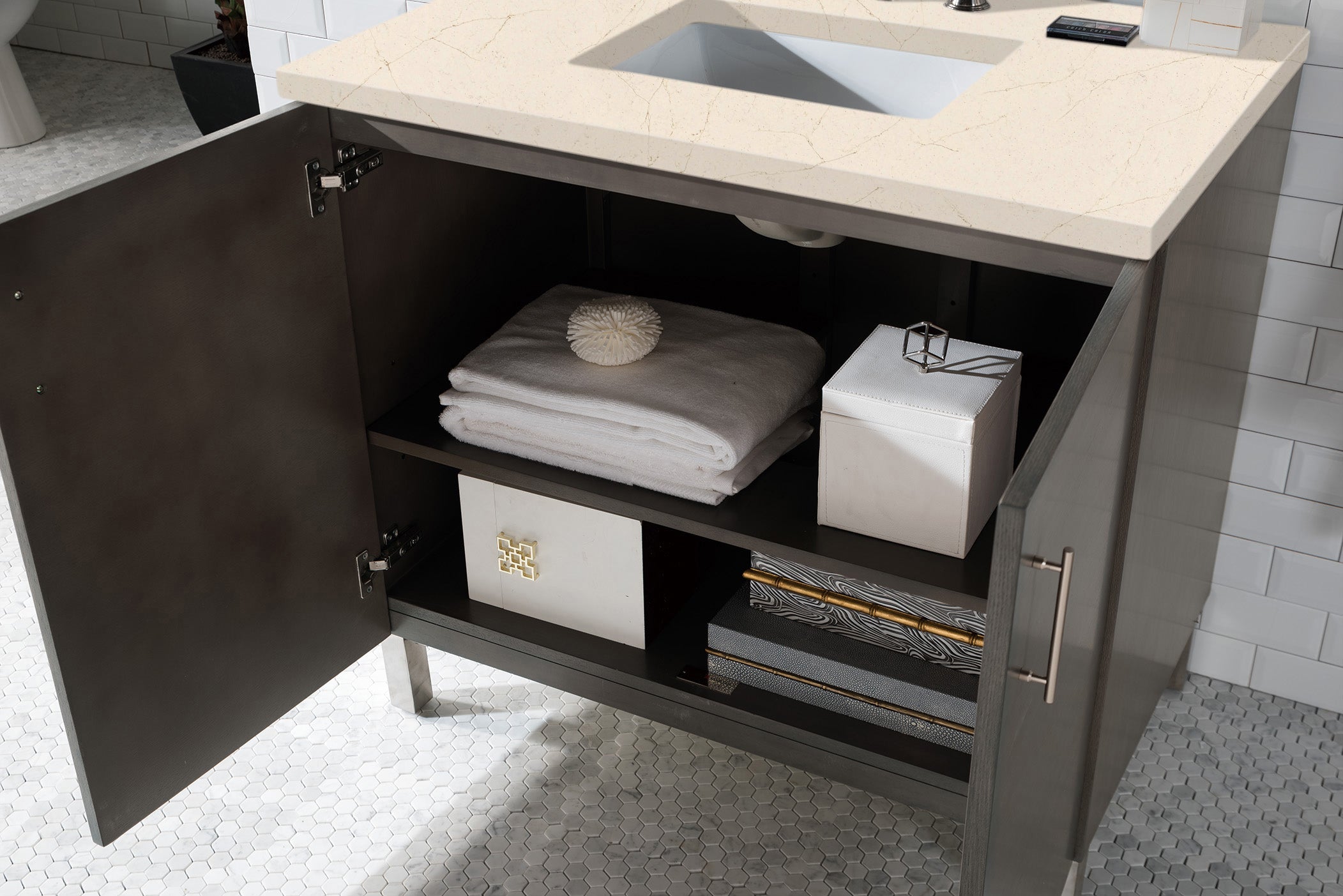Metropolitan 36 Inch Single Bathroom Vanity Set with Silver Oak Finish & 3CM Eternal Marfil Quartz Countertop - Perfect for Modern Home Bathroom Remodeling and Space-Saving Design