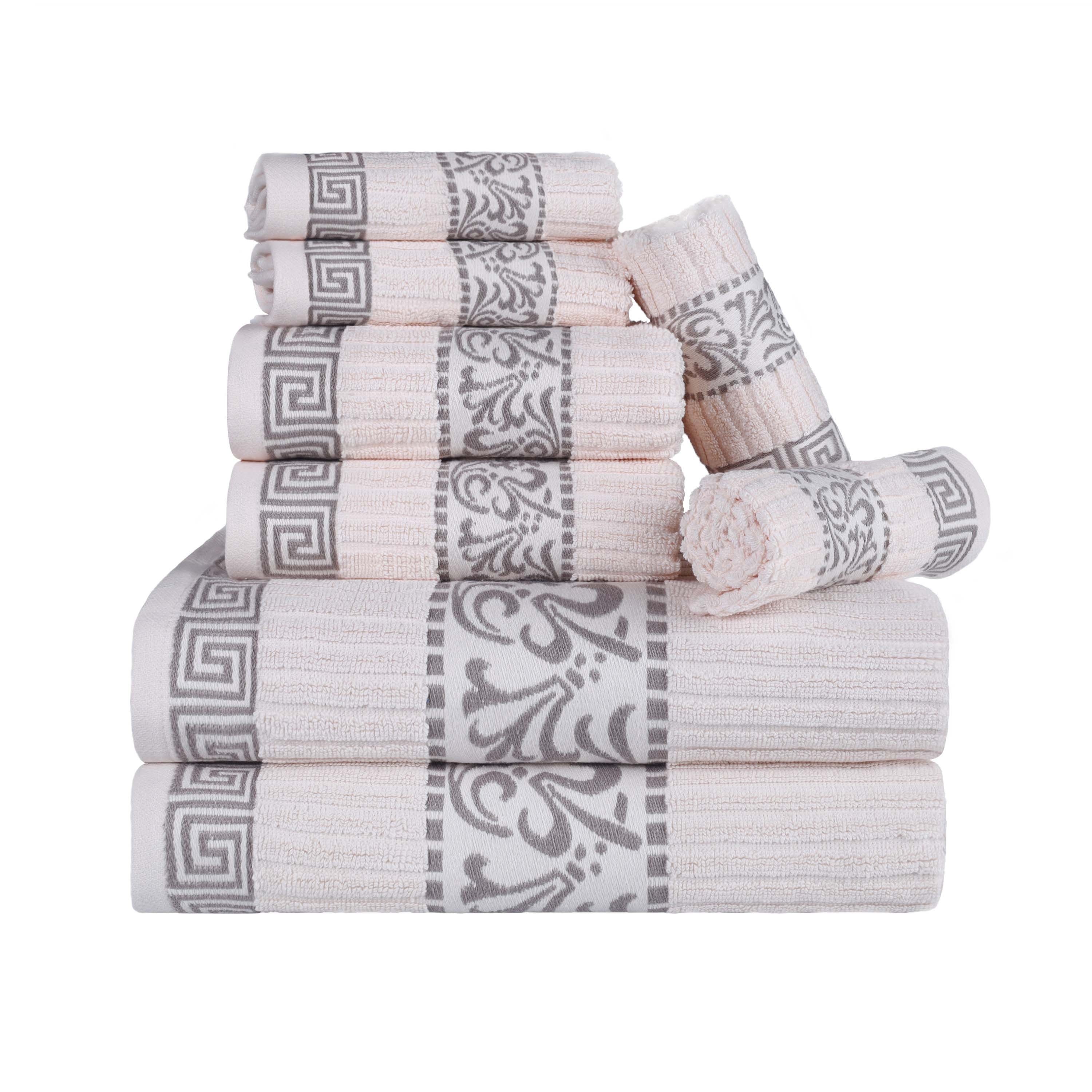 Premium 8-Piece Cotton Towel Set with Greek Scroll & Floral Design - Soft Bath Towels, Hand Towels & Washcloths - Perfect for Bathroom, Spa & Luxury Home Decor