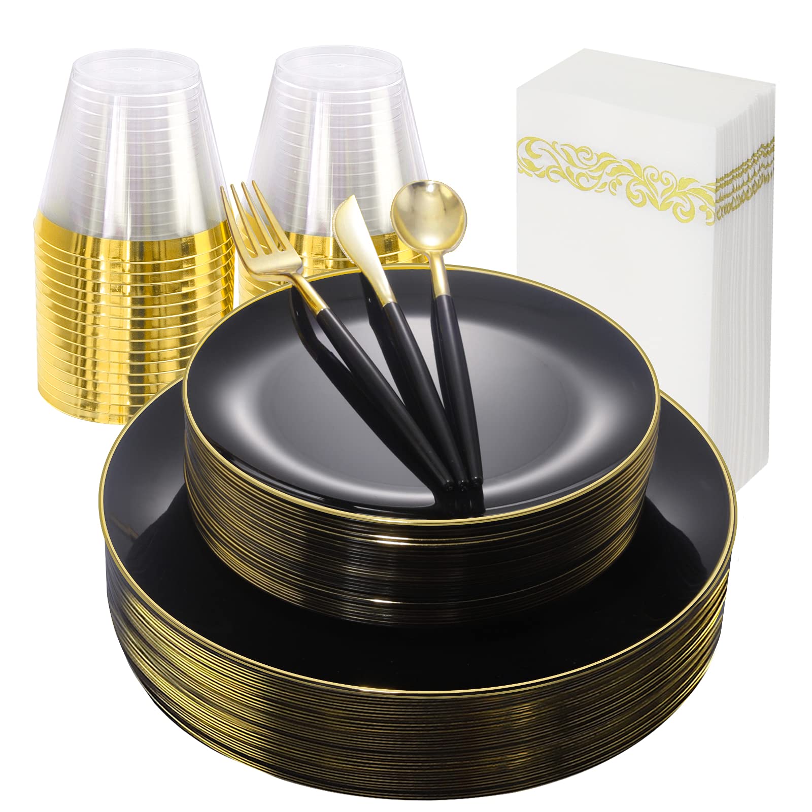 LIYH 210-Piece Black & Gold Plastic Dinnerware Set - Disposable Plates, Silverware, Cups & Napkins for Parties, Weddings, New Year's Eve & Special Events - Elegant Black Dinner Plates with Gold Cutlery for Formal Dining & Catering