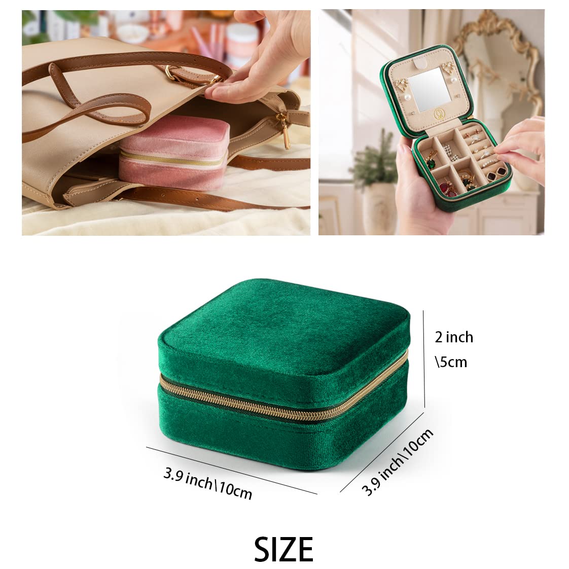 Velvet Jewelry Travel Case for Women with Mirror - Emerald Green, Perfect for Earrings & Accessories on the Go