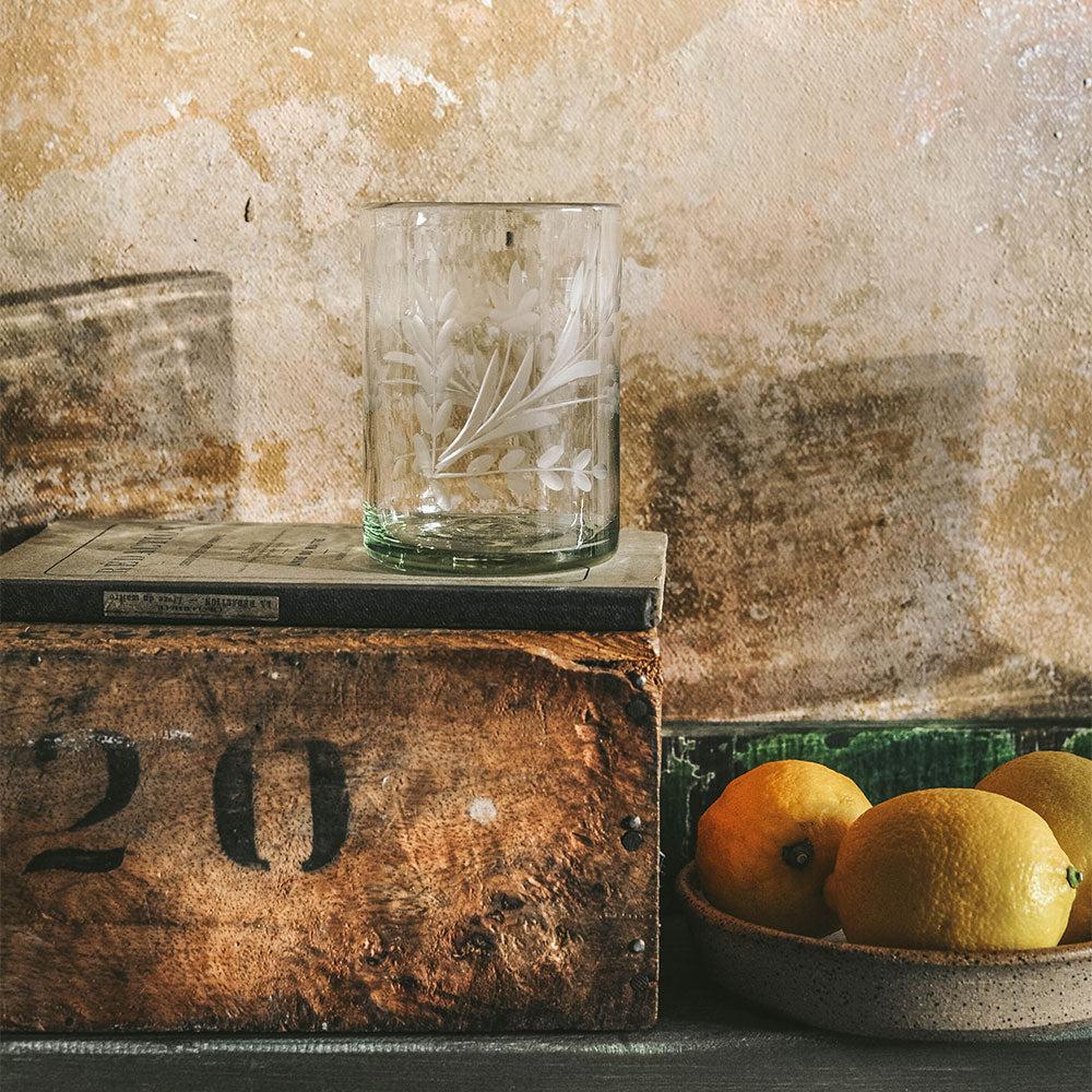 Eco-Friendly Recycled Glass Etched Carafe Set - 2 Piece Water Pitcher with Lid - Perfect for Iced Tea, Lemonade & Cocktails - Sustainable Home Bar & Kitchen Decor