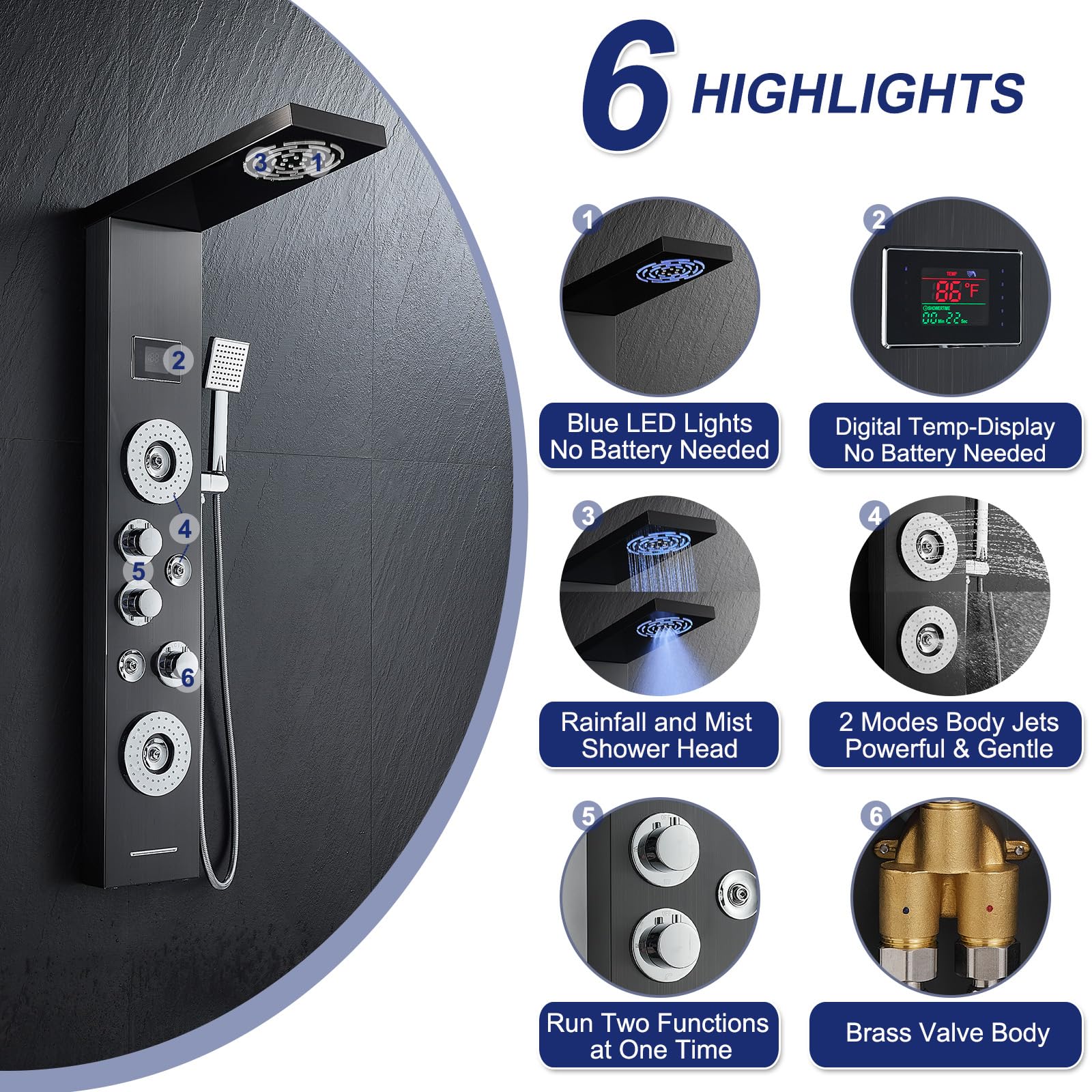 ROVATE 6-in-1 LED Shower Panel Tower System with Rainfall Shower Head, Body Jets, Handheld Spray & Digital Temperature Display - High Pressure Black Shower Column with Tub Spout for Luxury Bathroom Renovation & Spa Experience