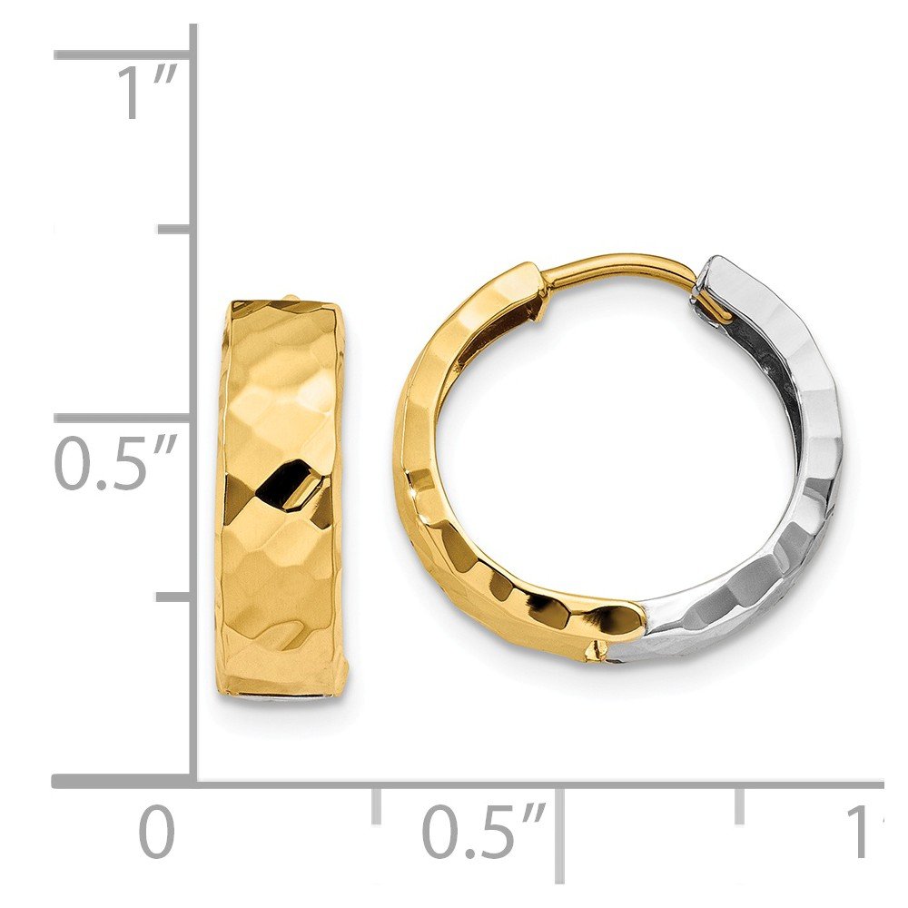 14K Two-Tone Gold Textured Hinged Hoop Huggie Earrings (14mm x 15mm) - Elegant Everyday Jewelry for Women, Perfect for Work, Date Night & Special Occasions