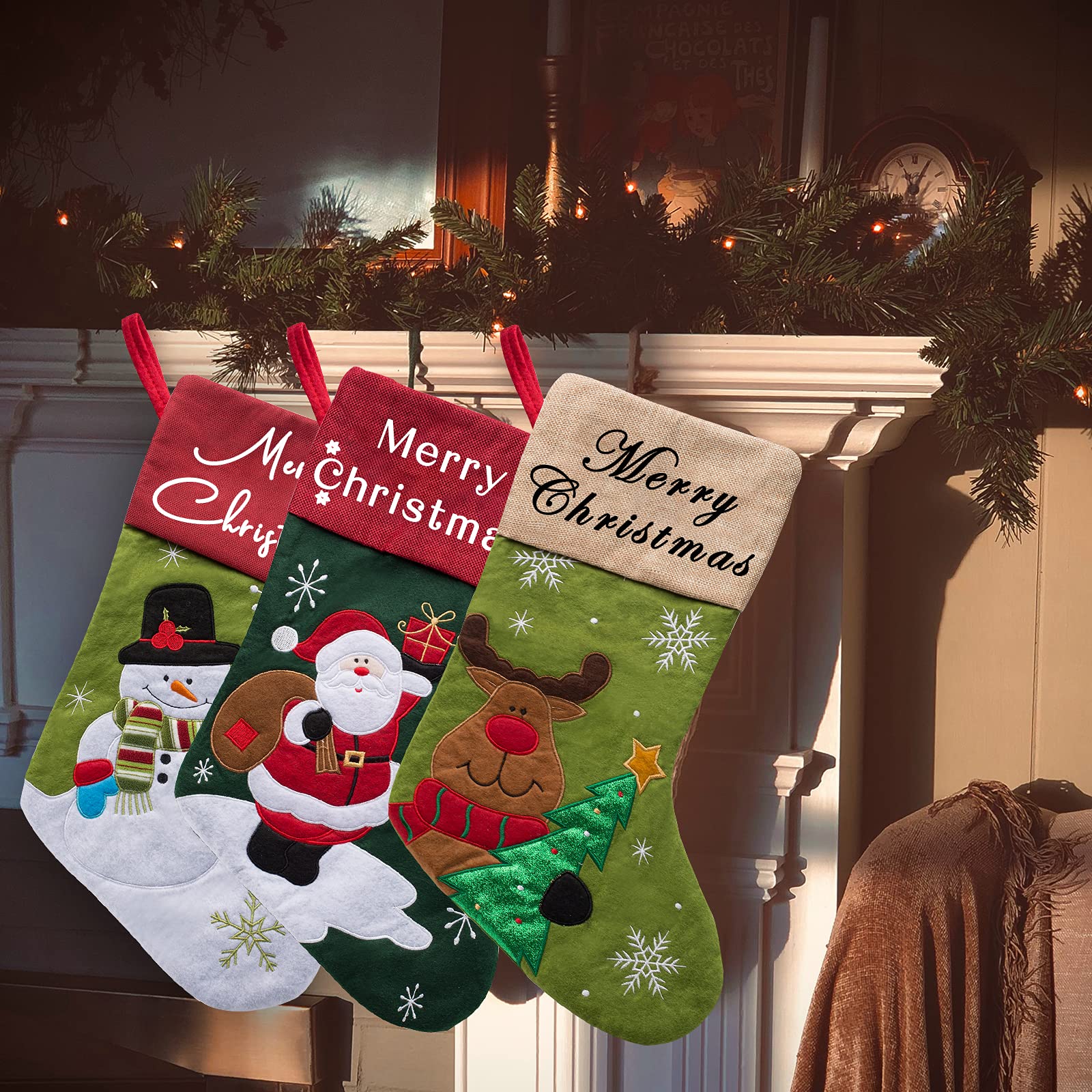 Personalized Christmas Stockings for Kids - Custom Name Santa Candy Stocking Bag (20 Inch) - 1, 2, 3, 4, or 5 Pack - Snowman & Deer Holiday Decor - Perfect for Fireplace Mantel, Tree Decorations & Christmas Gift Giving