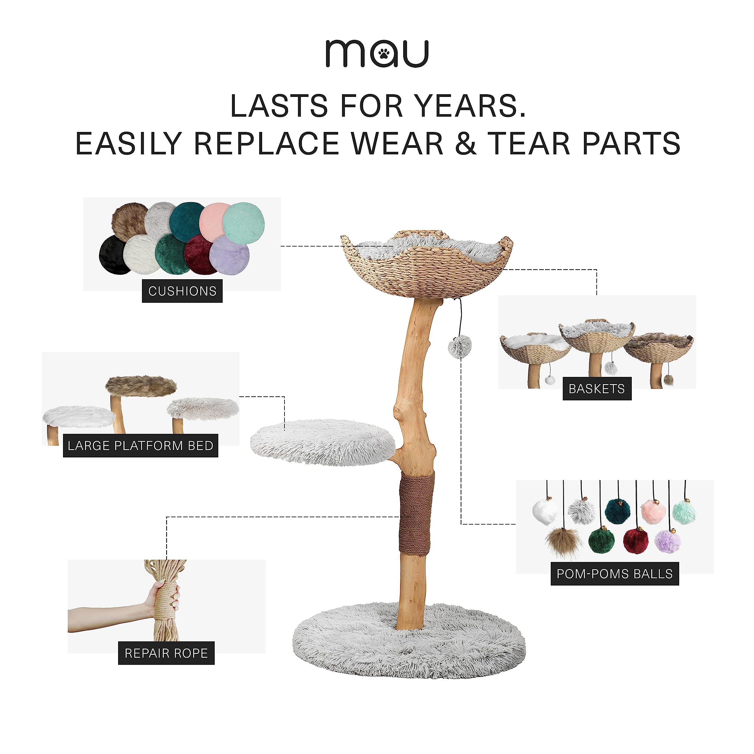 Modern Wooden Cat Tree Tower with Single Branch Condo - Natural Wood Cat Climbing Furniture for Indoor Cats - Perfect Cat Lover Gift for Home & Office - MAU LIFESTYLE (Bullet Gray) - Great for Play, Exercise & Relaxation