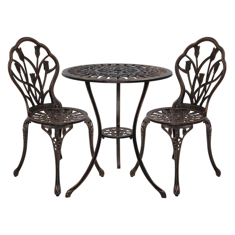 3-Piece Outdoor Bistro Set with Cast Aluminum Chairs & Table - Bronze Tulip Design - Perfect for Patio, Garden, and Balcony Dining