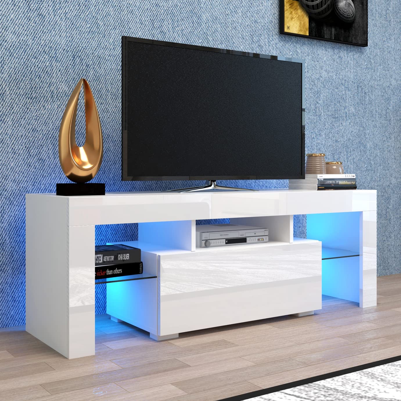Hangoo White TV Stand for 60 Inch TV - Modern Entertainment Center with Storage Drawers, LED TV Console Cabinet for Gaming & Media - Perfect for Bedroom & Living Room (51x14x18 Inches) - Ideal for Organizing Cables, Gaming Consoles & Home Theater Setup