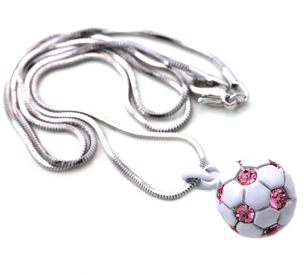 White Hot Pink Soccer Ball Pendant Necklace with Fuchsia Pink Stone - Stylish Sports Jewelry for Women & Girls - Perfect for Games, Gifts & Fashion Accessories
