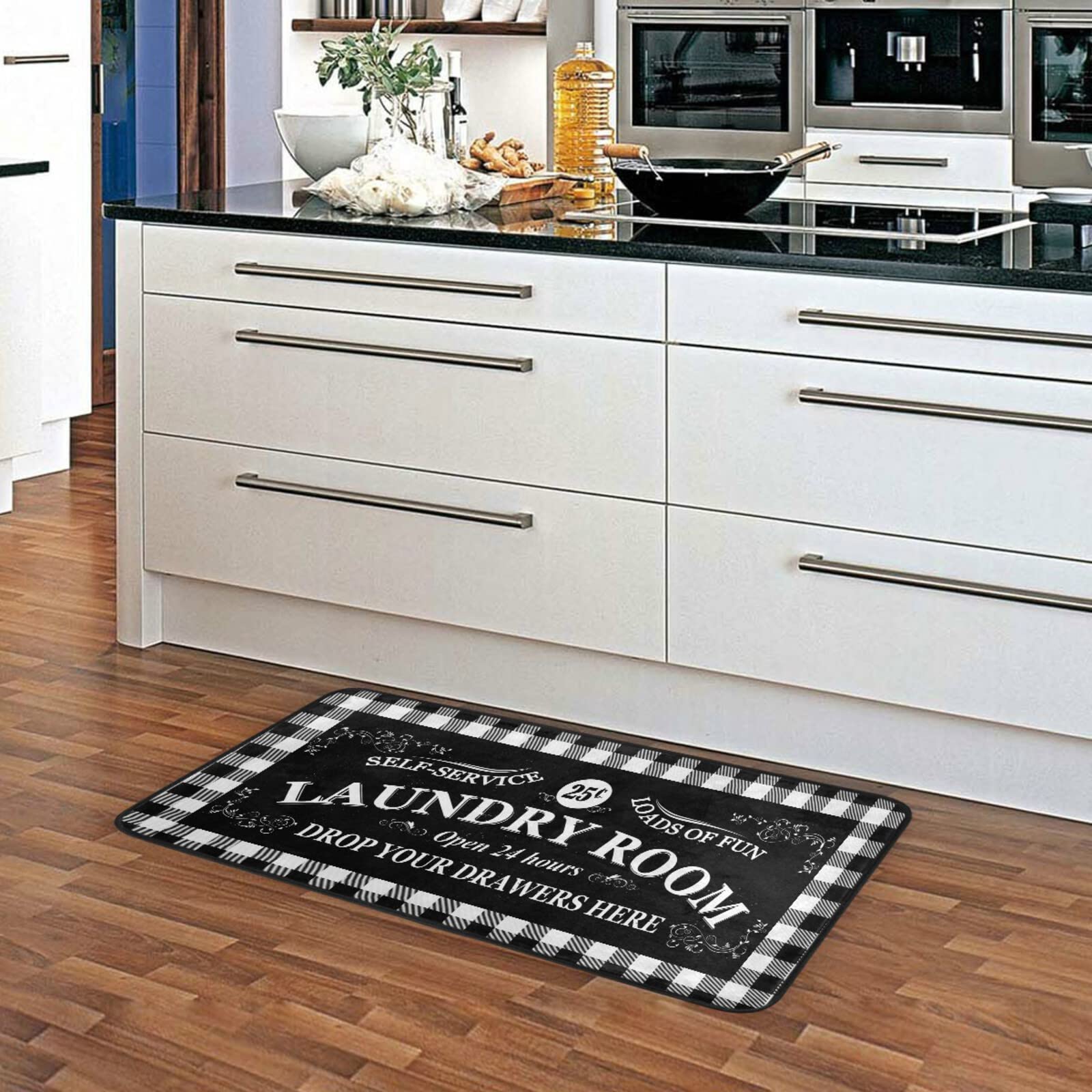 Non-Slip White Buffalo Plaid Kitchen Rugs - 39x20 Inch Cushioned Floor Mats for Laundry Room, Sink Area & Home Office - Washable Anti-Fatigue Mats for Standing Comfort & Stylish Decor