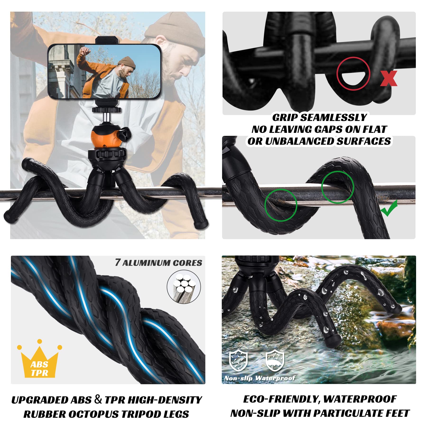 Portable Flexible Cell Phone Tripod Stand with Wireless Remote - 360° Adjustable Mini Tripod for iPhone, Android, GoPro, iPad & DSLR Cameras - Perfect for Vlogging, Live Streaming & Photography (Orange)