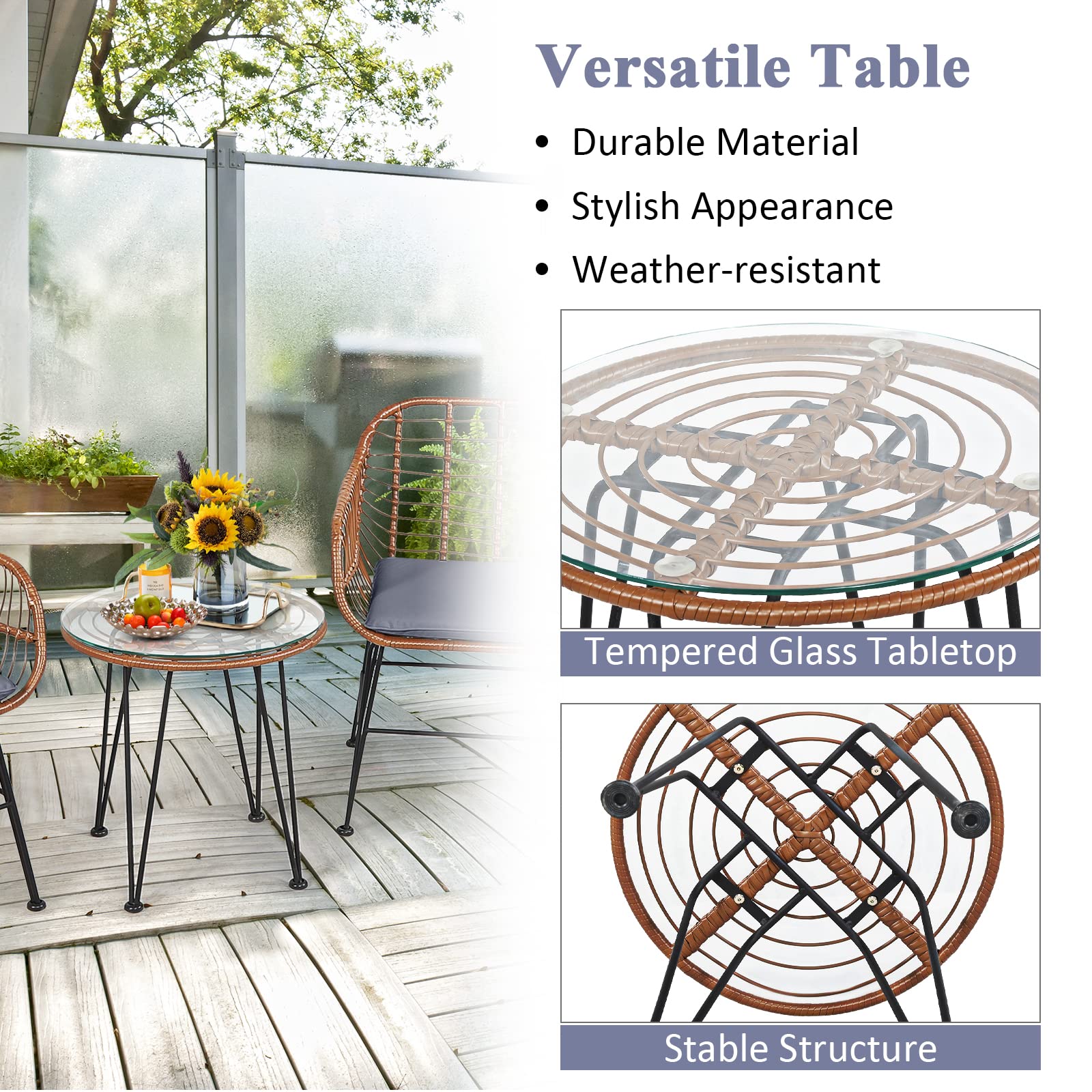 Tangkula 3-Piece Patio Conversation Bistro Set - Outdoor Wicker Furniture with Round Tempered Glass Table & 2 Rattan Armchairs, Includes Cushions - Perfect for Porch, Backyard, Garden, Poolside & Outdoor Dining