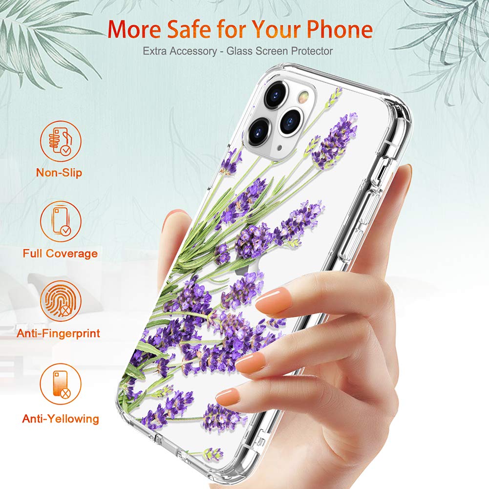 GiiKa Clear Floral Shockproof Hard PC Case with TPU Bumper & Screen Protector for iPhone 11 Pro Max | Protective Phone Cover for Women | Perfect for Everyday Use, Work & Travel - Purple Flowers Design