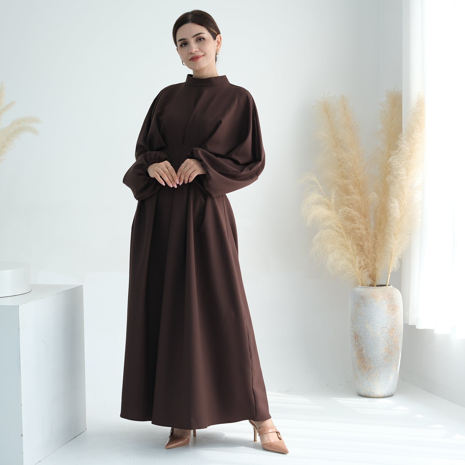 Madison Long Sleeve Maxi Dress for Women - Elegant Coffee Brown Flowy Boho Style - Perfect for Weddings, Parties & Fall Fashion