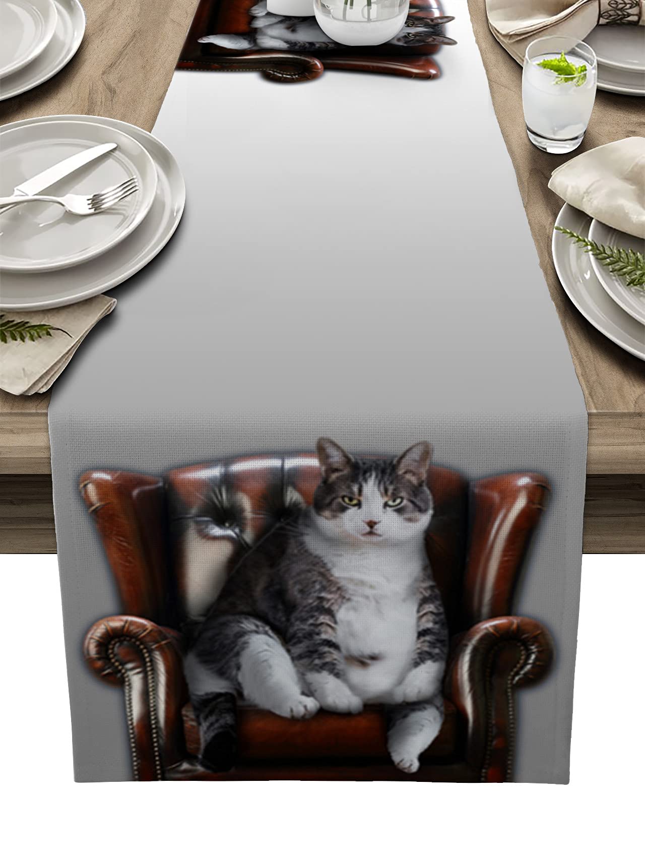 Lilmeme 36-Inch Funny Cat Animal Table Runner - Farmhouse Style Wedding & Coffee Table Linen Cloth for Dining, Holiday Party, Indoor/Outdoor Decor - Heat Resistant Retro Sofa Cover - Perfect for Home Decor, Kitchen, and Event Table Settings