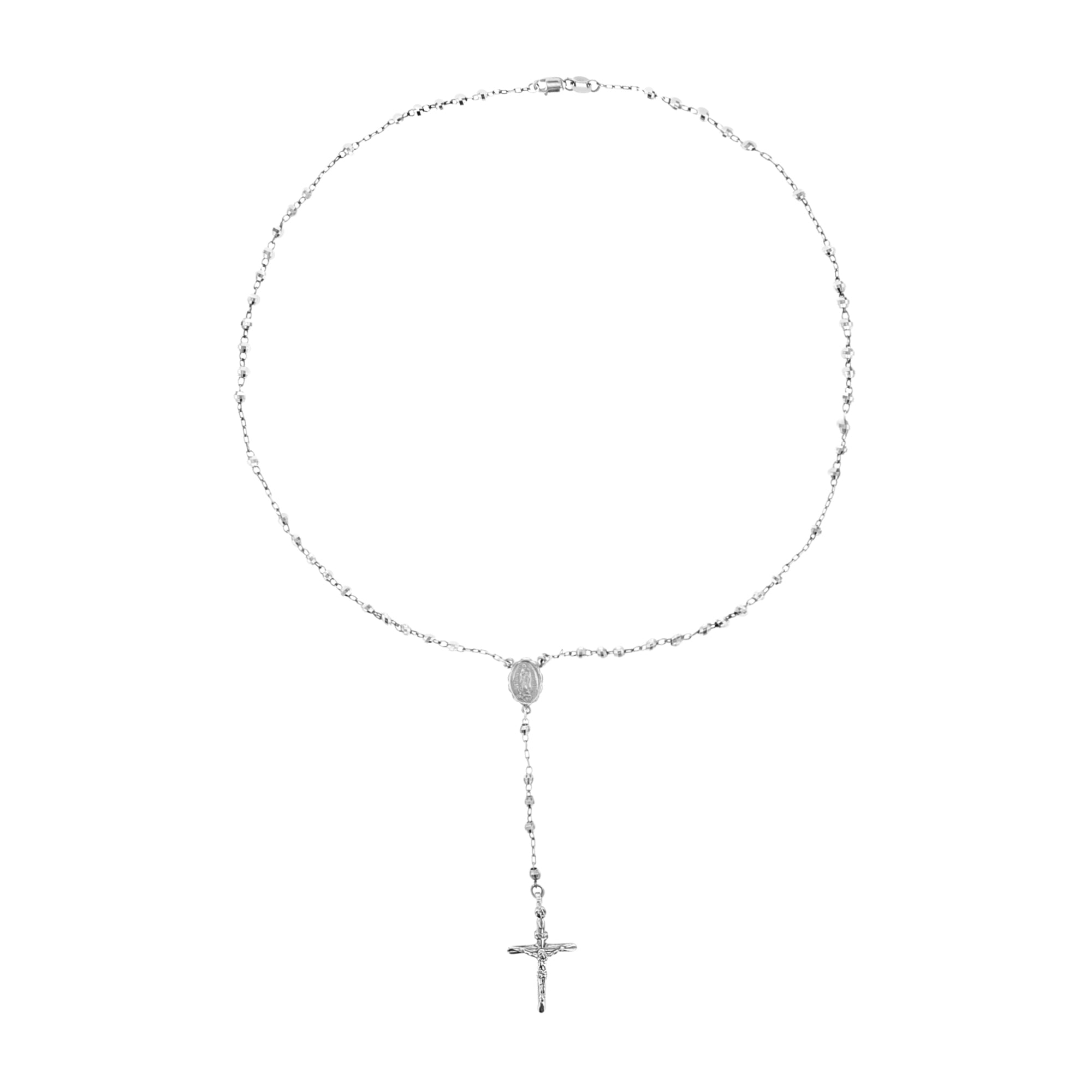 14K White Gold Catholic Rosary Y Drop Necklace with Virgin Mary Station Beads - Elegant Religious Jewelry for Prayer, Gifts & Special Occasions