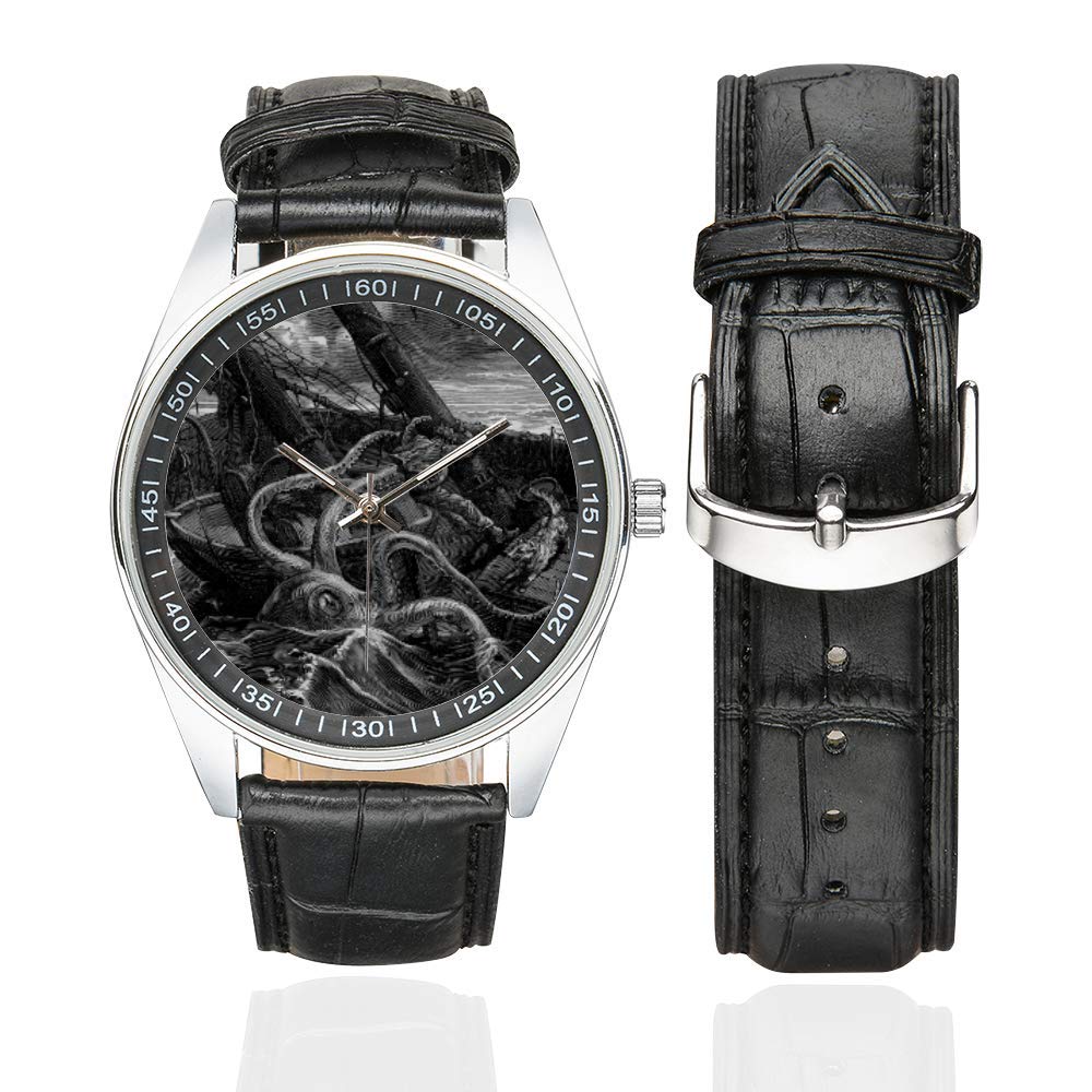 **InterestPrint Waterproof Stainless Steel Men's Watch with Leather Strap - Dolphin & Sea Turtle Design, Black | Perfect for Casual Wear, Outdoor Adventures & Beach Activities**