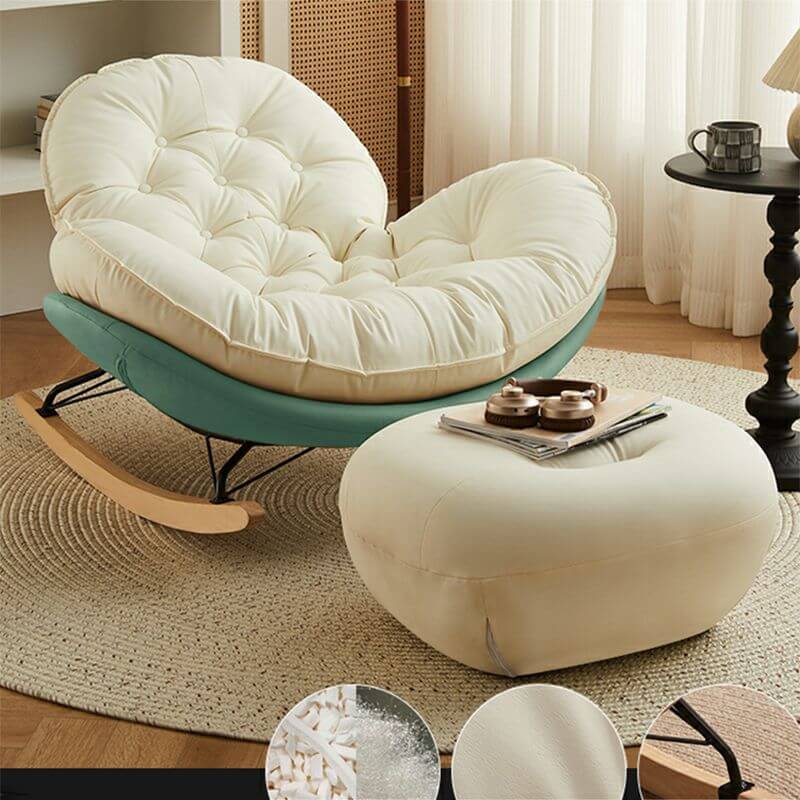 Modern Faux Leather Beige Upholstered Rocking Chair with Spindle Back & Natural Wood Legs - Cozy Nursery, Living Room or Bedroom Accent Chair for Relaxing & Nursing