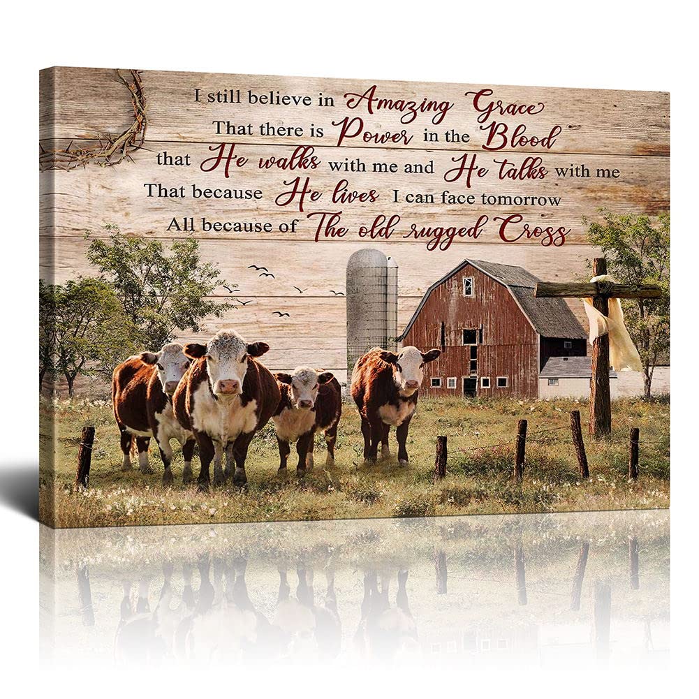Farmhouse Wall Art - Rustic Hereford Sunflower Canvas Painting with Red Truck - 12x16 Inch Ready to Hang Decor for Living Room, Bathroom, Office - Inspirational Rustic Home Decor for Farmhouse & Country Style Interiors