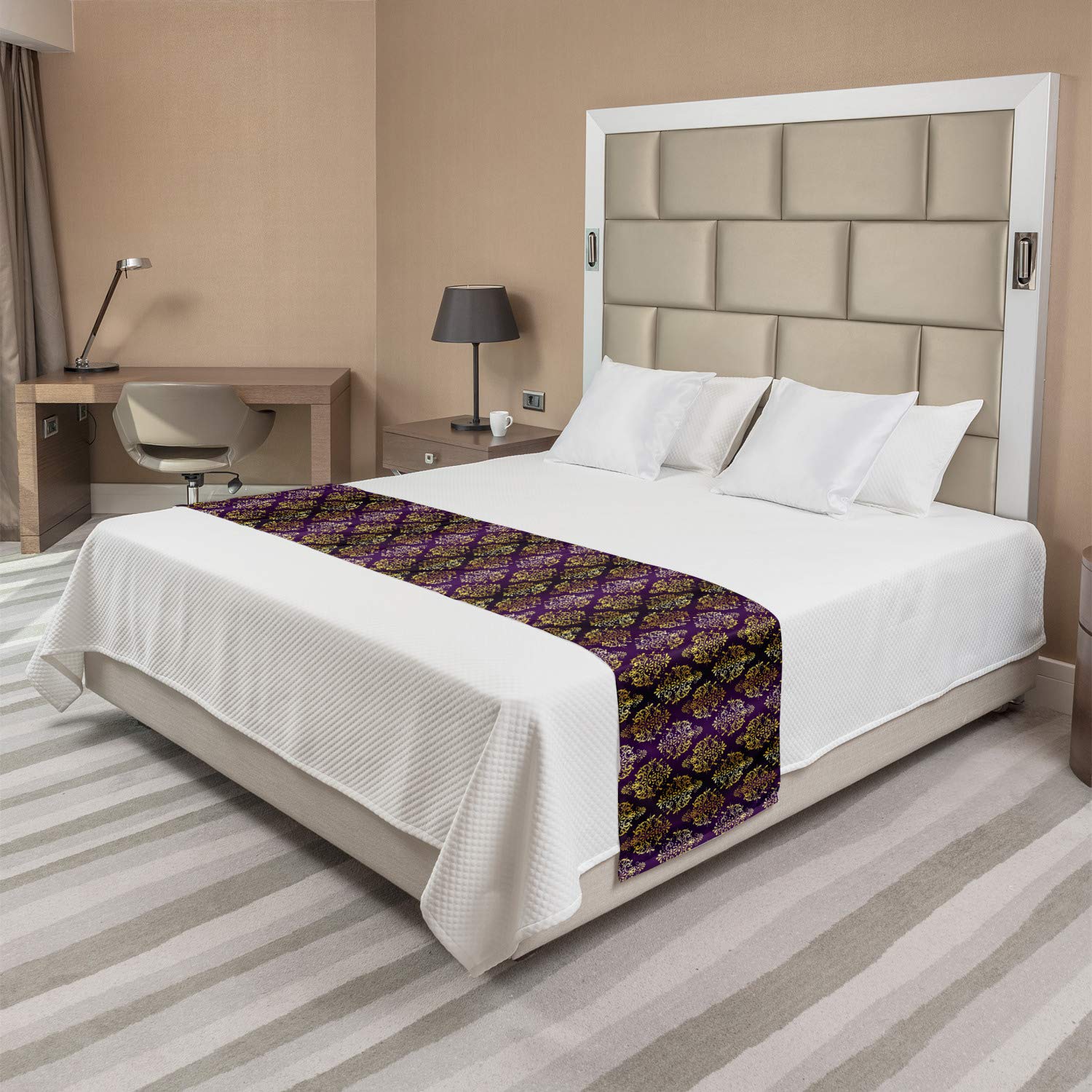 Ambesonne Yellow Damask Bed Runner - Oriental Leaf Print for Hotels & Homes