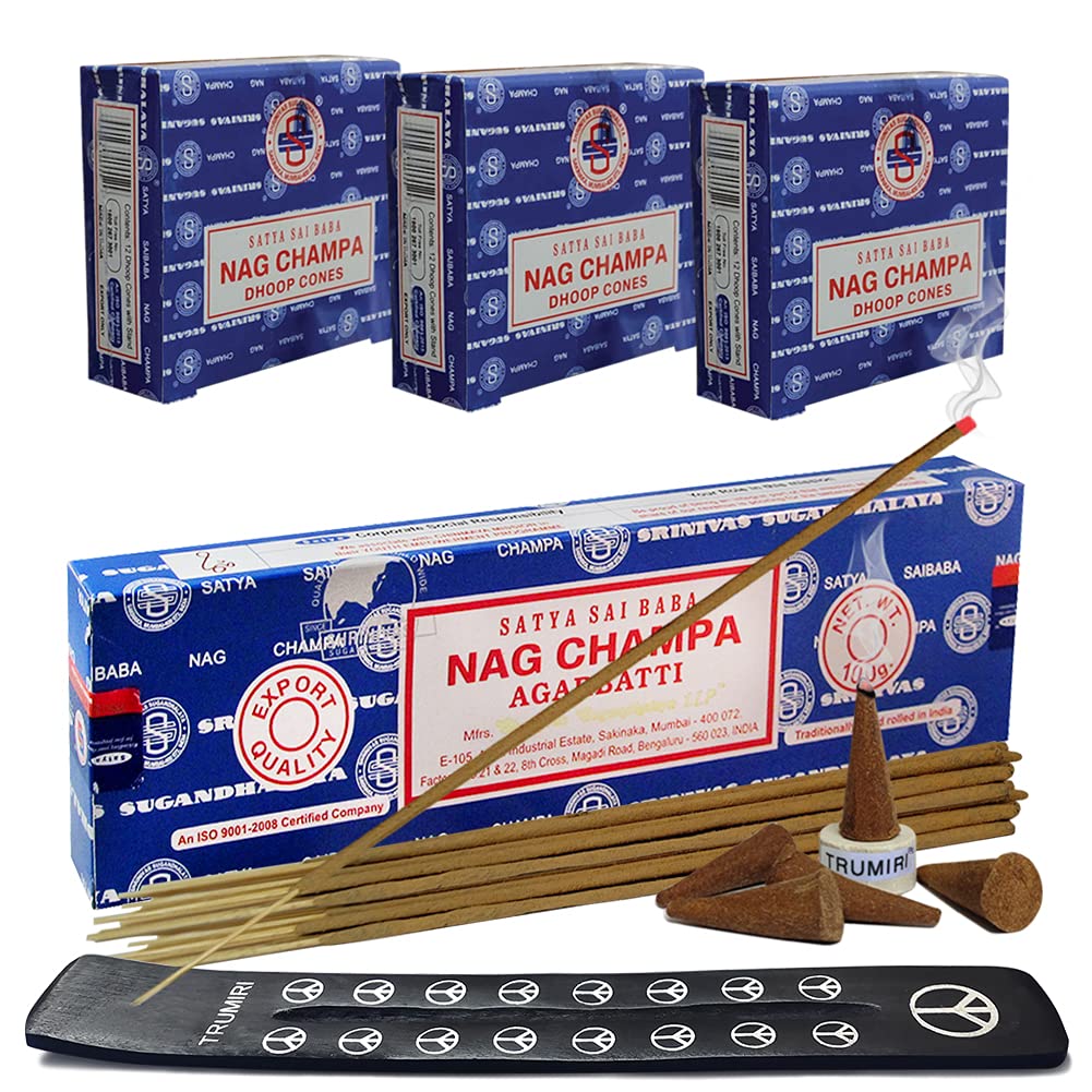 Satya Nag Champa Incense Sticks & Cones Variety Pack - 100g with Burner Holder | Natural Aromatherapy for Meditation, Yoga & Home Relaxation | Smudging & Spiritual Cleansing