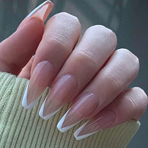 24pcs MISUD French Press on False Nails - Glossy Ballerina V Shape Pure White Extra Long Coffin Nails - Full Cover Artificial UV Gel Nails for Women & Girls - Perfect for Parties, Weddings, and Special Occasions (White)