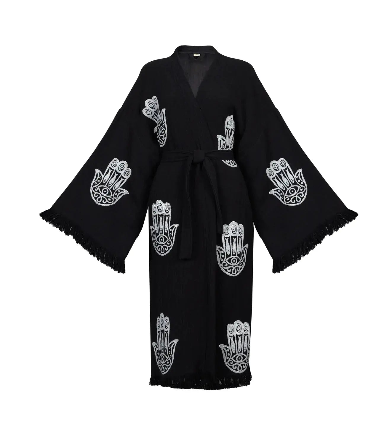 Organic Hamsa Hand Kimono Robe for Women - One Size Black - Perfect for Spa, Yoga & Relaxation at Home