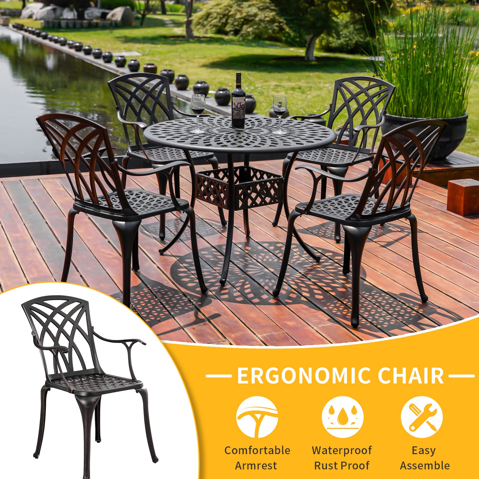 **All-Weather Cast Aluminum Patio Chairs Set of 2 with Armrests - Durable Outdoor Dining Chairs for Garden, Deck & Backyard in Antique Bronze - Perfect for BBQs, Poolside Lounging & Outdoor Entertaining**