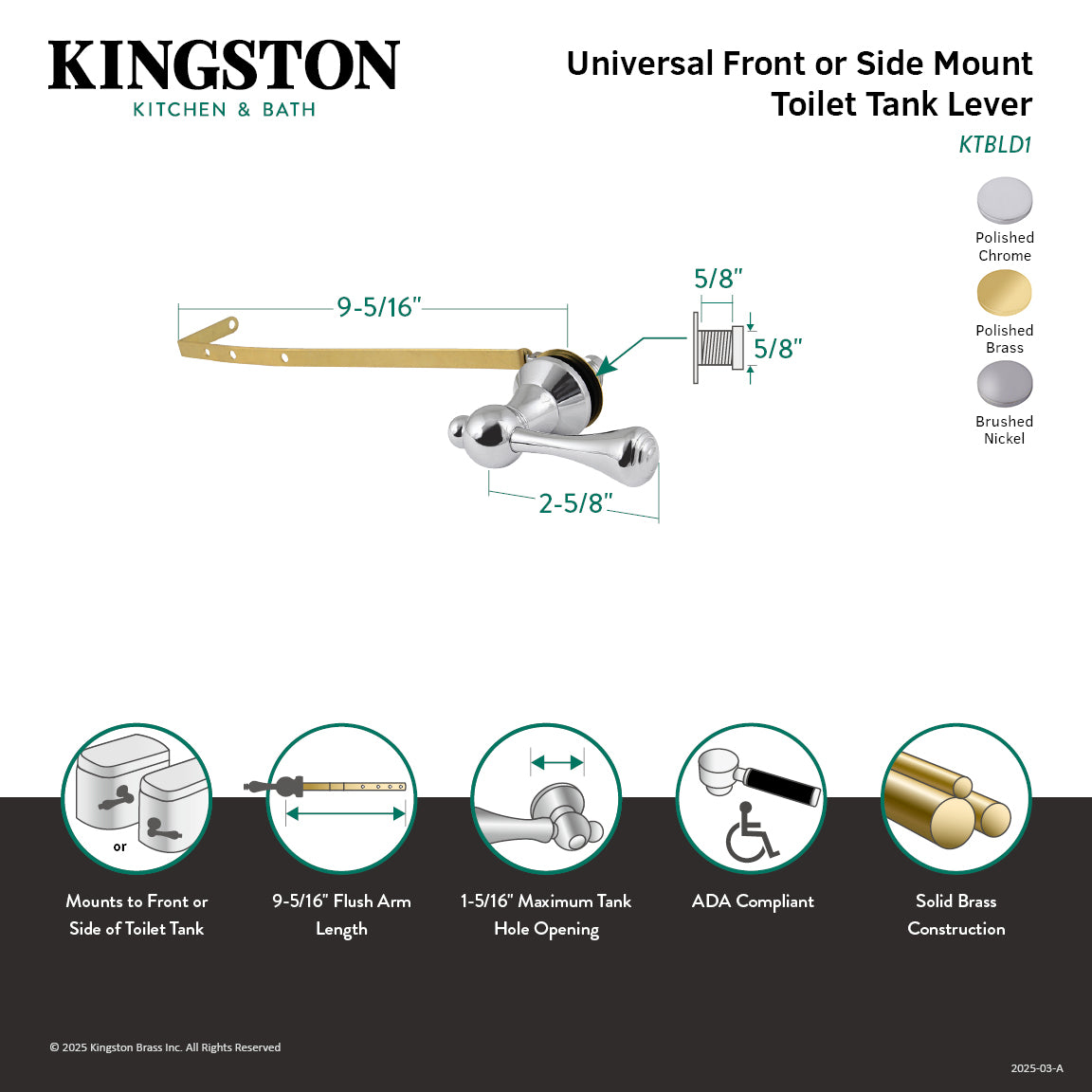 Buckingham KTBLD2 Universal Front/Side Mount Toilet Tank Lever - Polished Brass Finish for Easy Flush Control | Perfect for Bathroom Renovations & Toilet Repairs