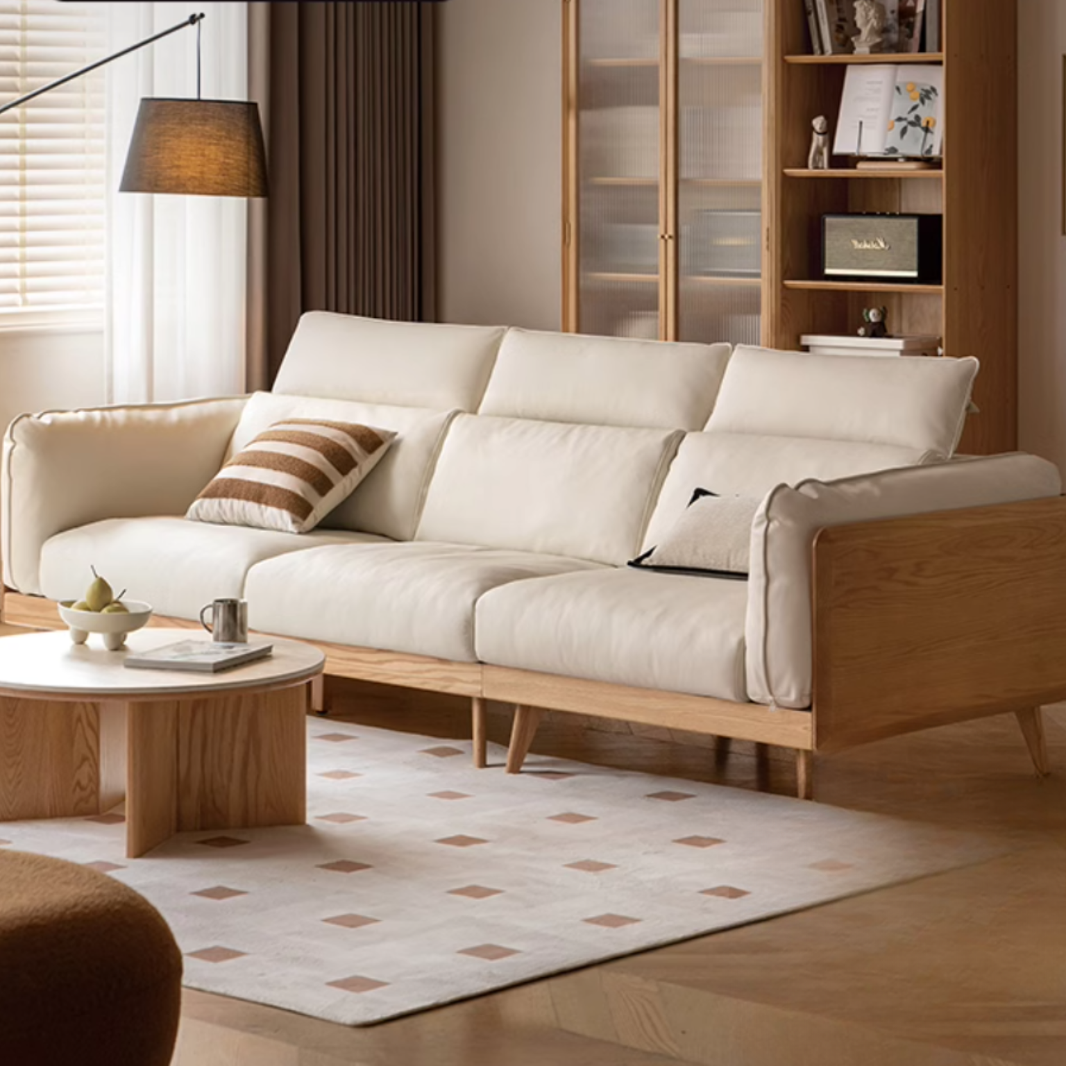 Modern Oak Solid Wood Straight Row Down Sofa - Durable & Stylish Living Room Furniture for Home, Office, and Lounge Spaces